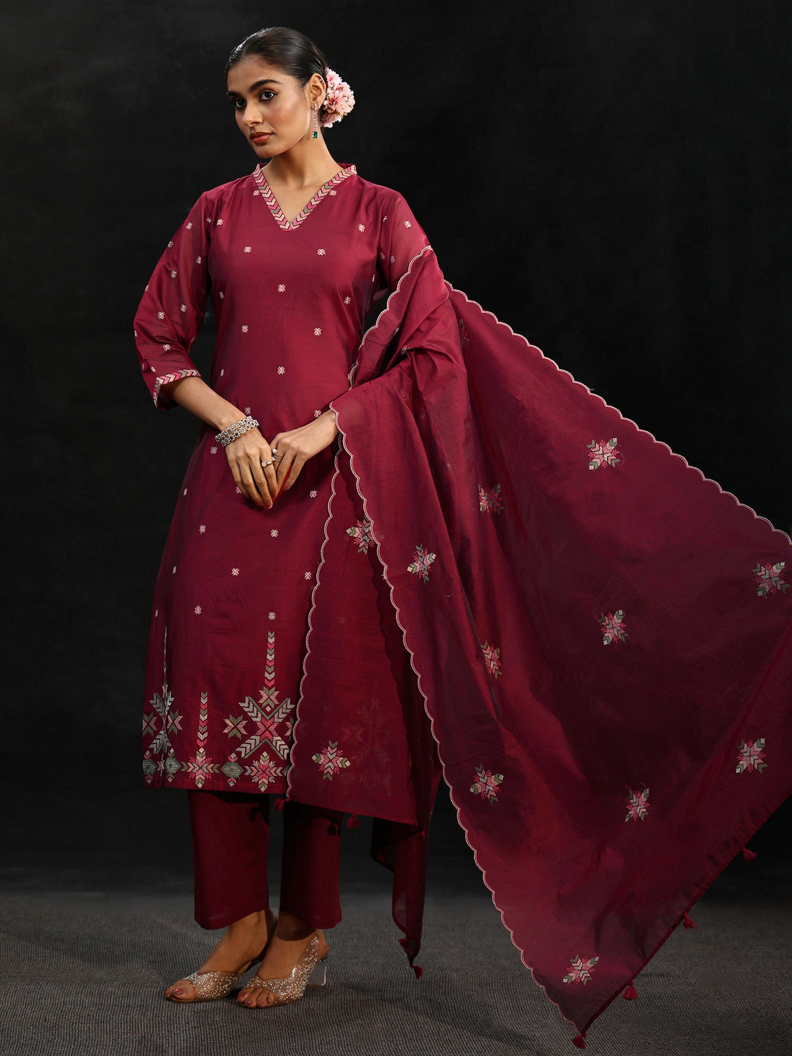 Mameraa Maroon Red Embroidered Chanderi Silk Straight Suit Set
