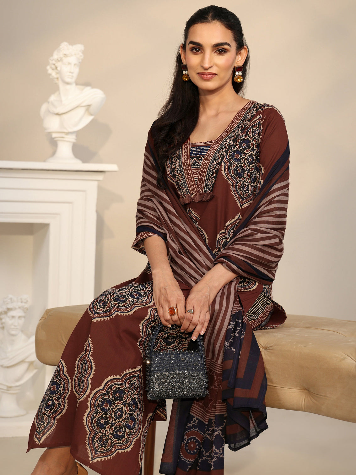 Mameraa Maroon Red Printed Cotton Straight Suit Set with Tassel Yoke
