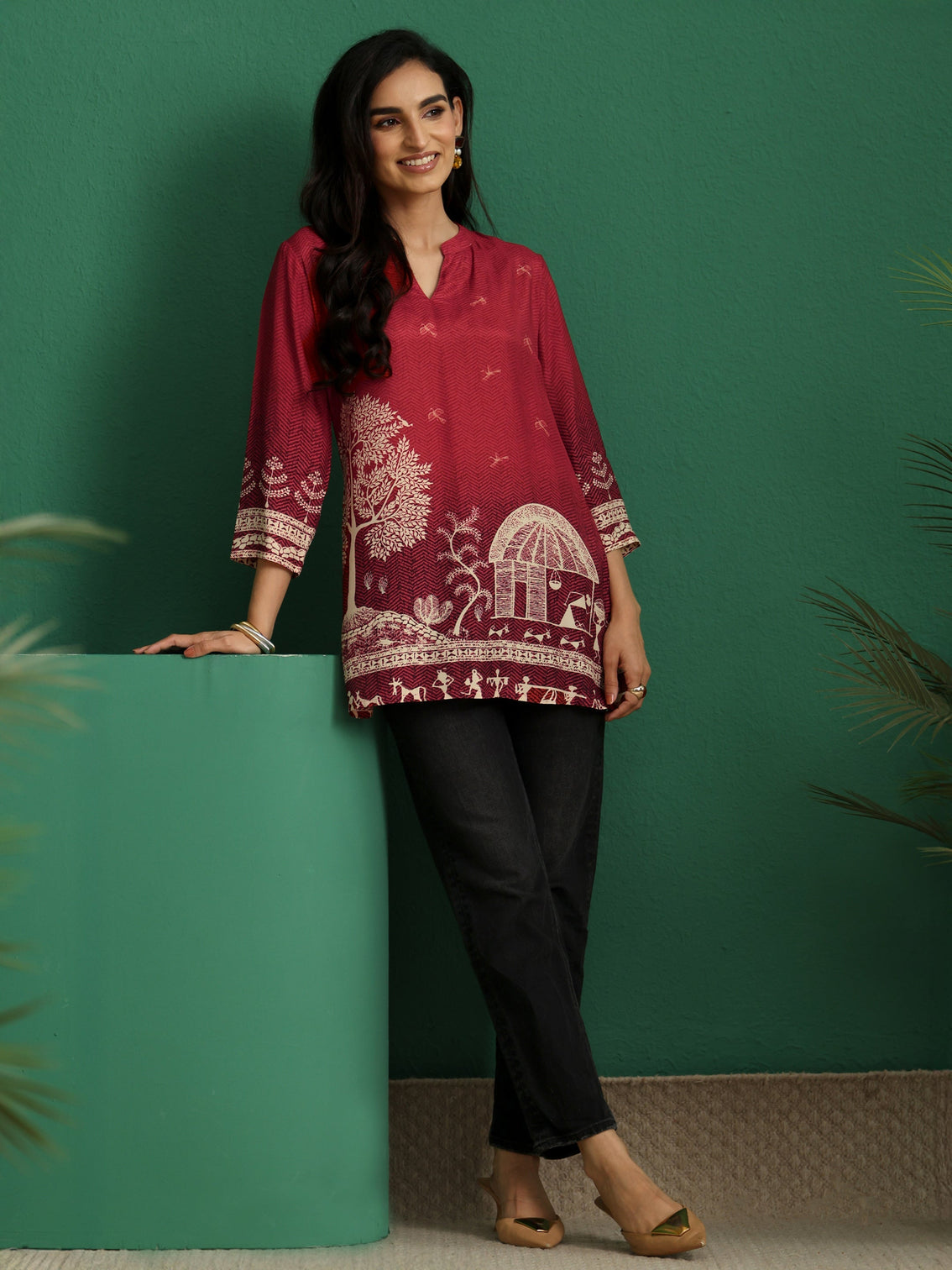 Mameraa Maroon Red Warli Print Muslin Straight Short Kurti