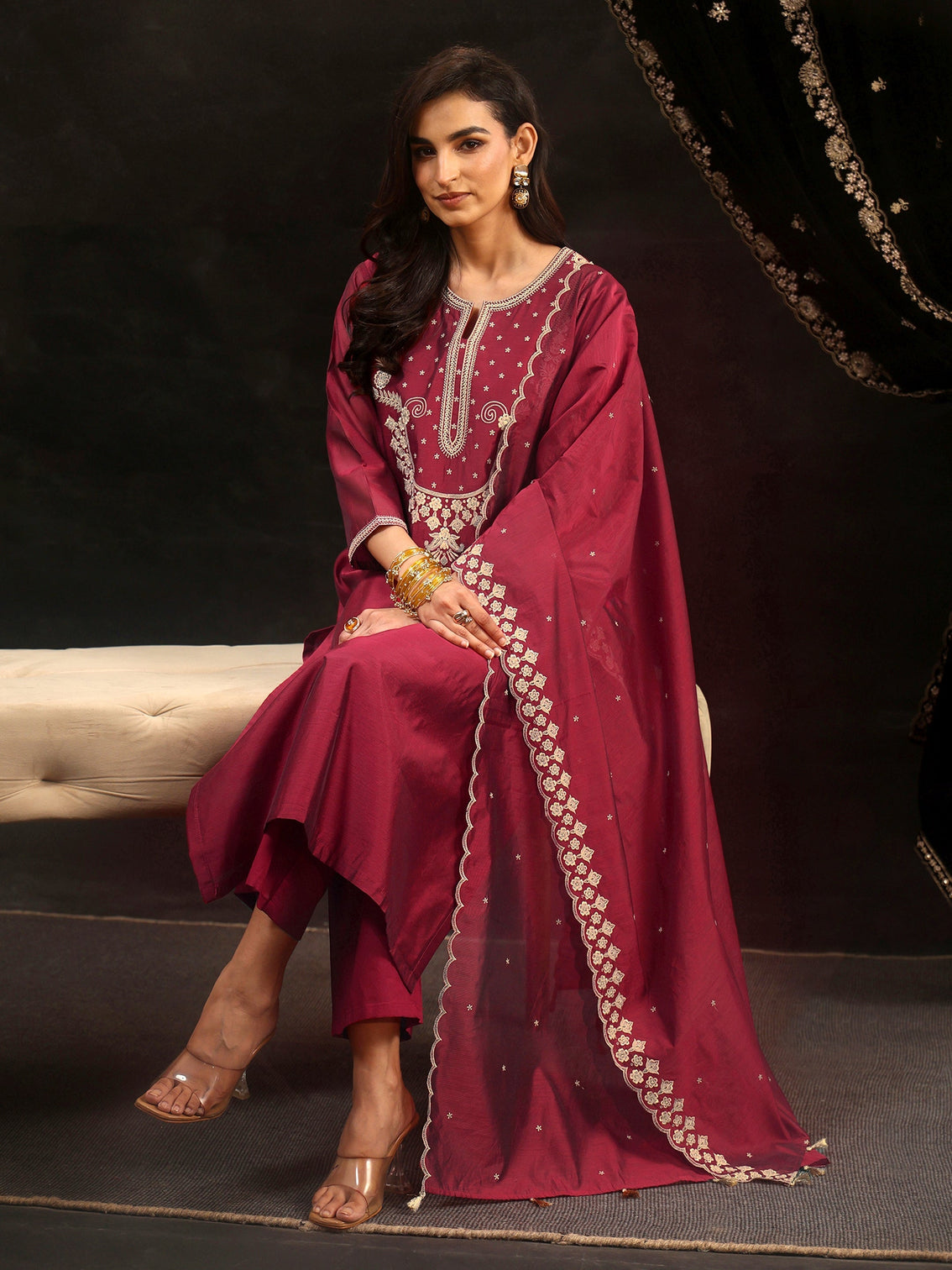 Mameraa Maroon Red Yoke Embroidered Chanderi Silk Straight Suit Set