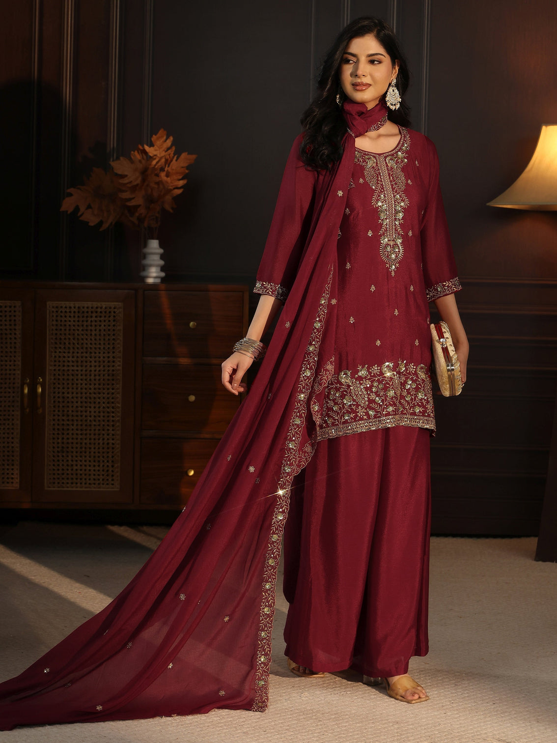 Mameraa Maroon Sequin Embellished Chinon Palazzo Suit Set
