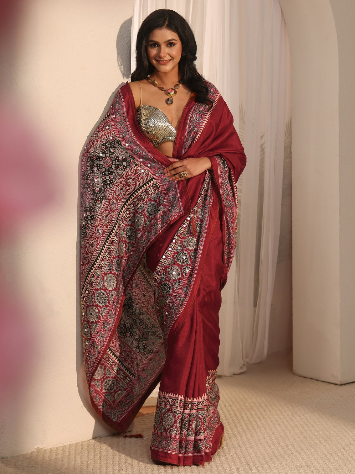 Mameraa Maroon Silk Blend Saree with Ajrakh Printed Pallu
