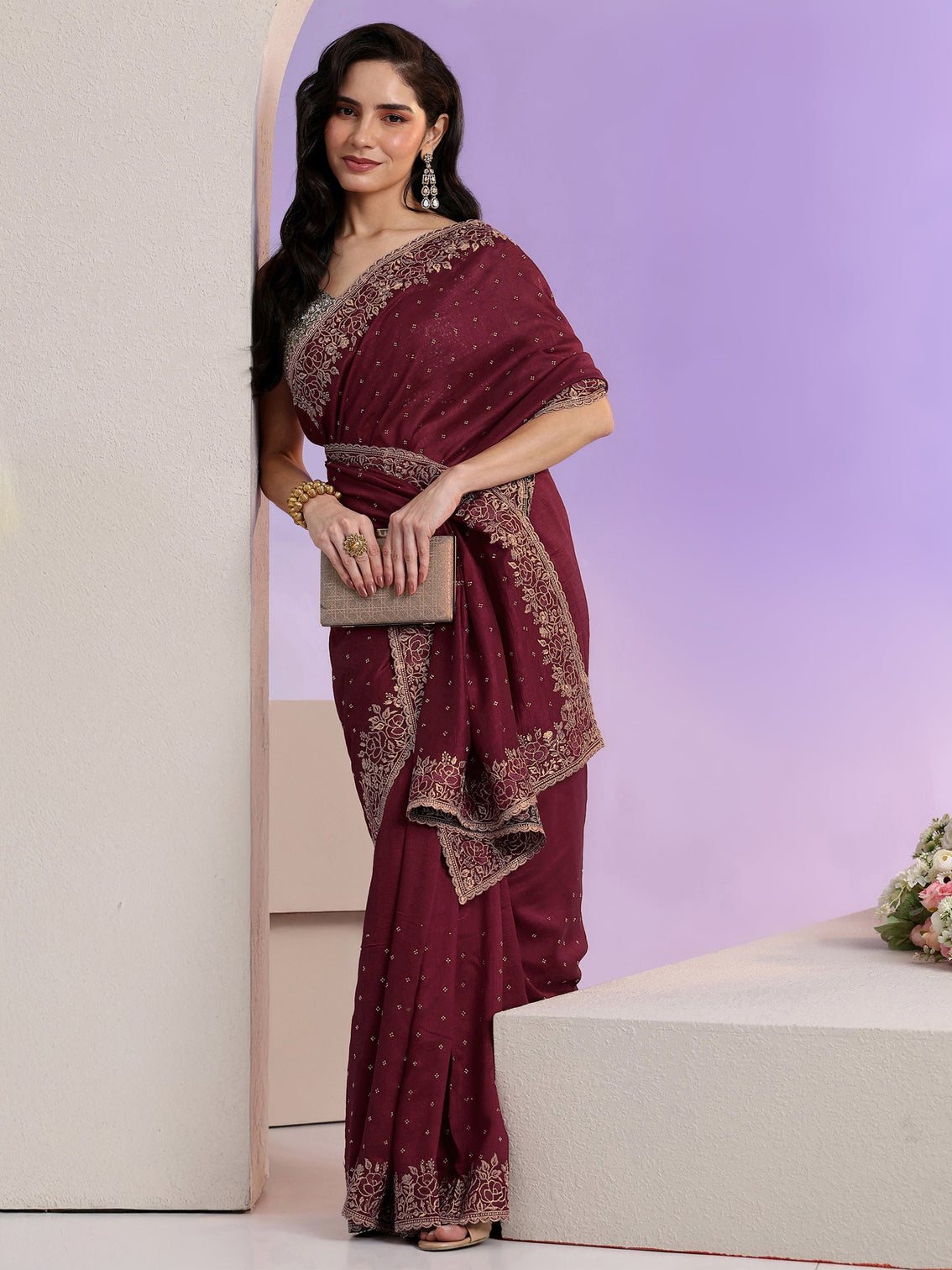Mameraa Maroon Stone Work Embelllished Silk Blend Saree