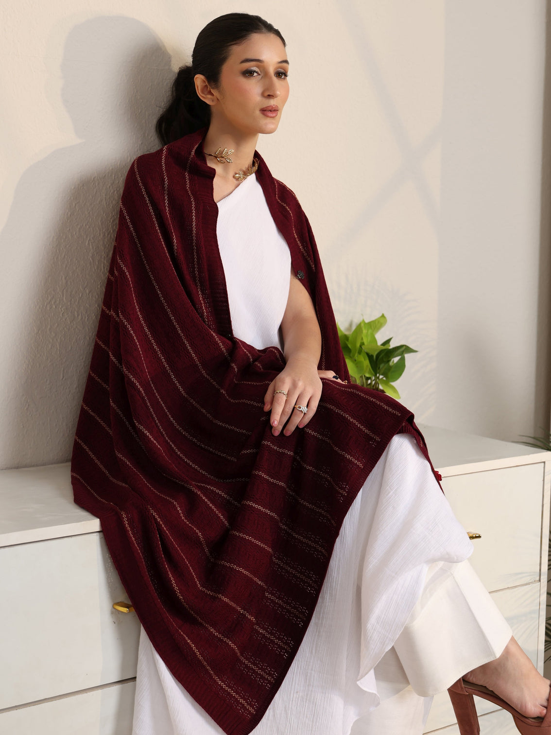 Mameraa Maroon Striped Knitted Acrylic Shawl