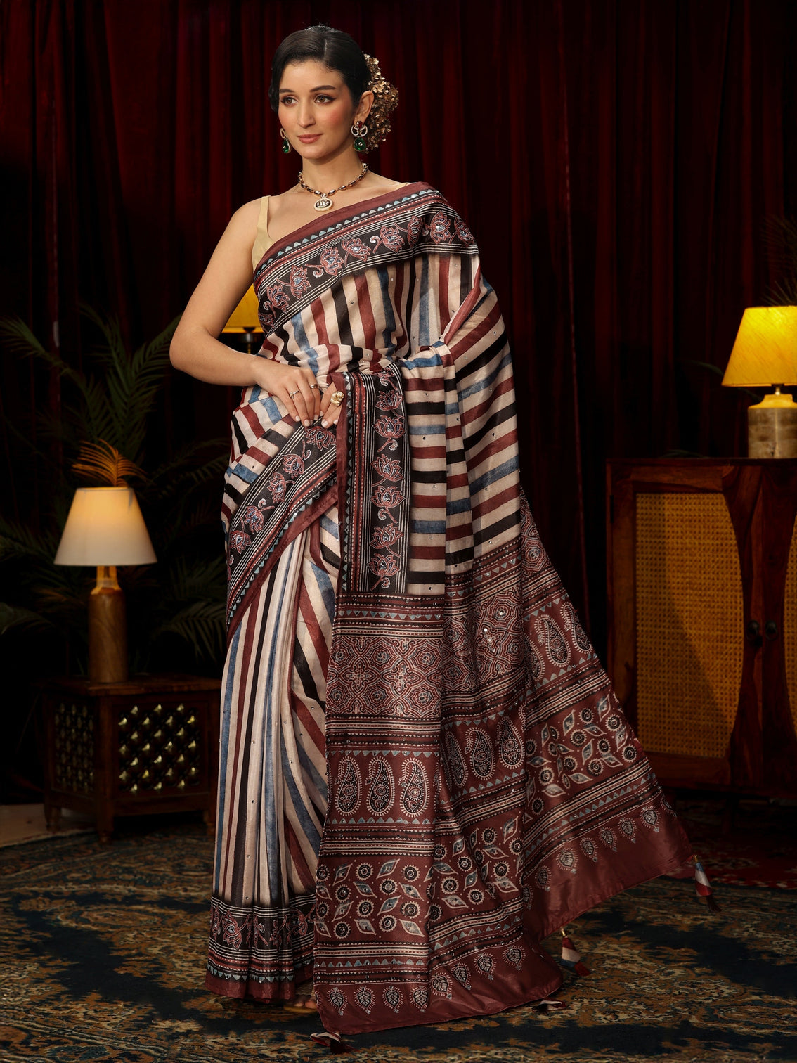 Mameraa Maroon Striped Satin Saree with Ajrakh Pallu