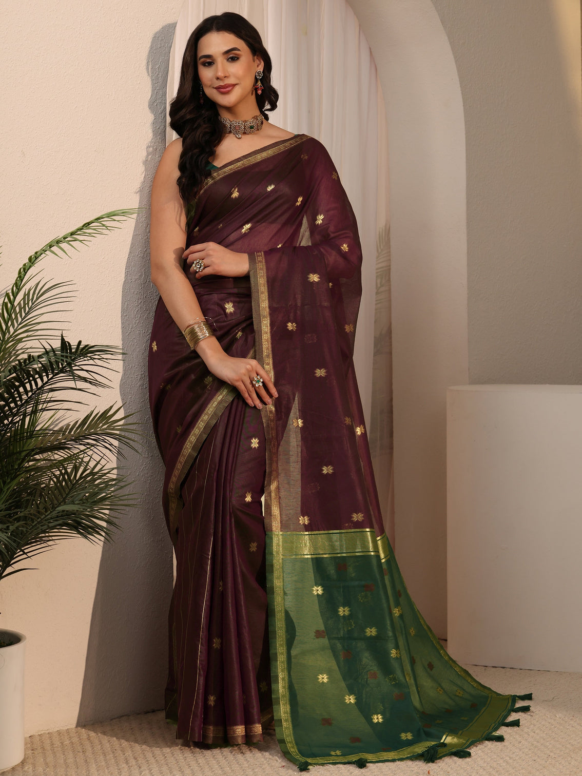 Mameraa Maroon Woven Design Cotton Blend Tassel Saree