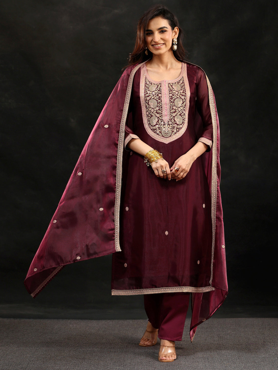 Mameraa Maroon Yoke Design Tissue Straight Suit Set