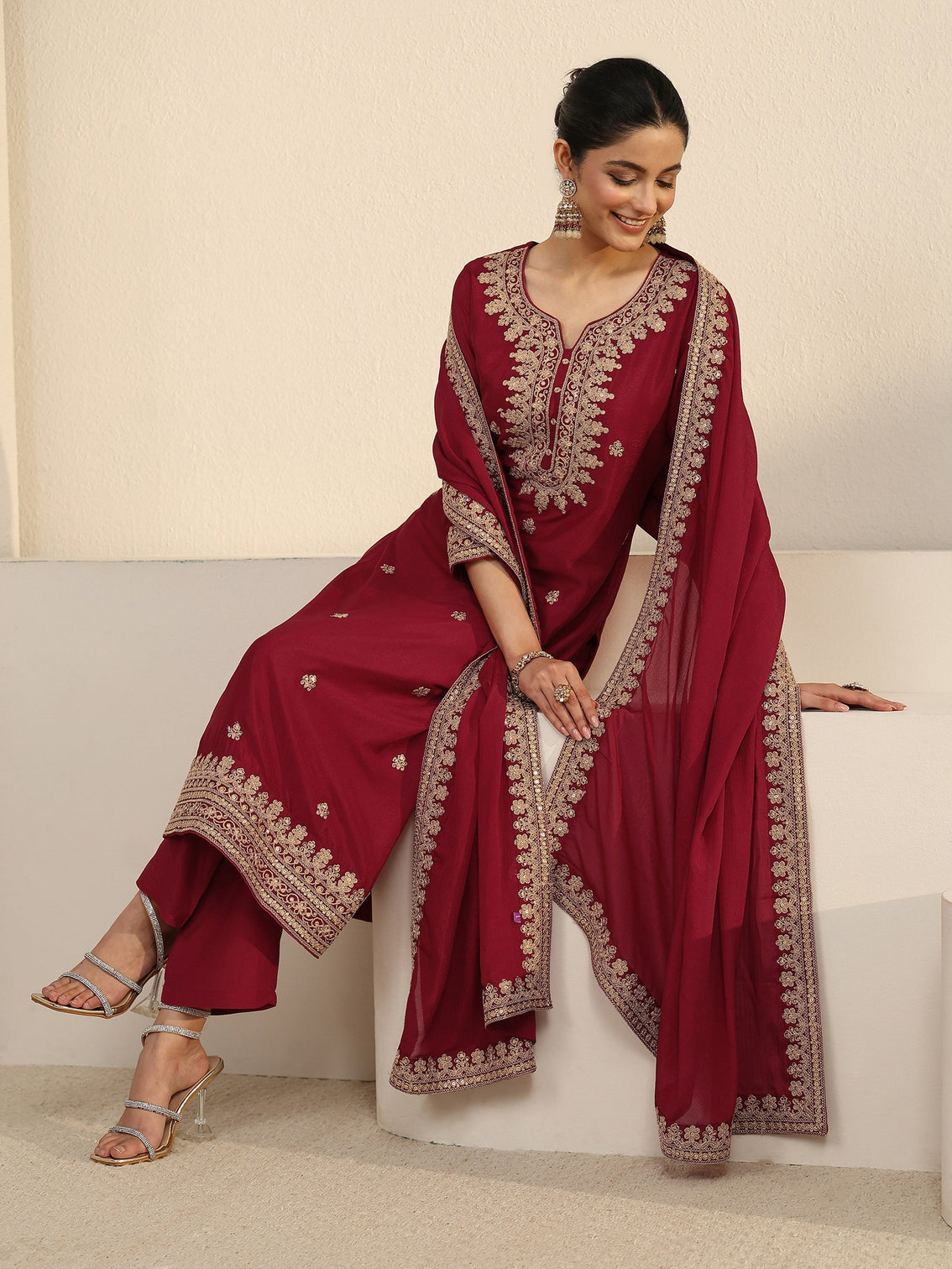 Mameraa Maroon Yoke Embroidered Chinon Straight Suit Set