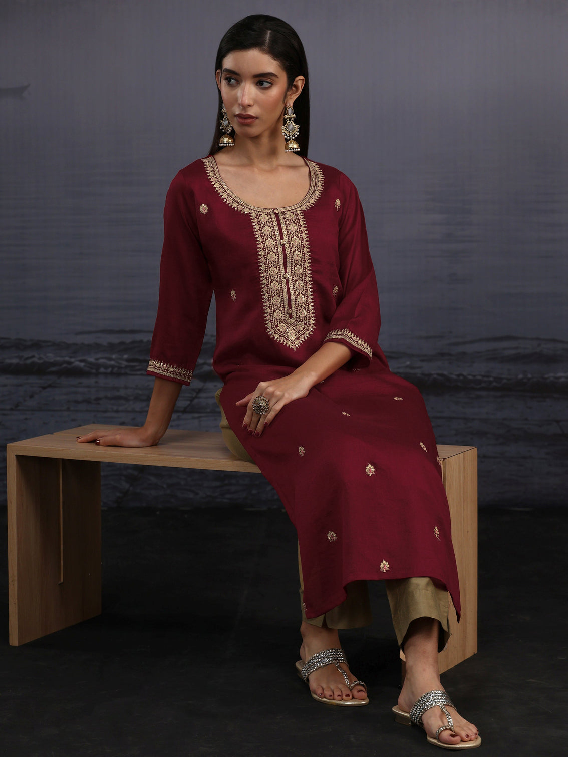 Mameraa Maroon Yoke Embroidered Silk Blend Straight Kurta