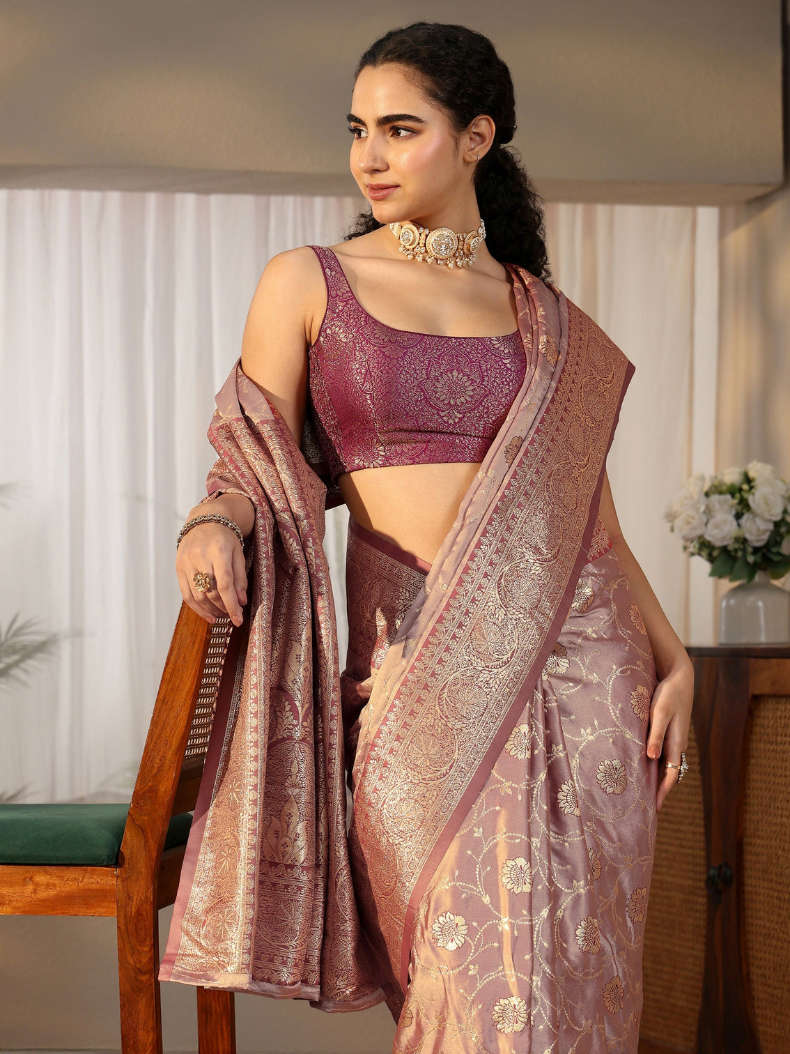 Mameraa Mauve Banarasi Satin Saree
