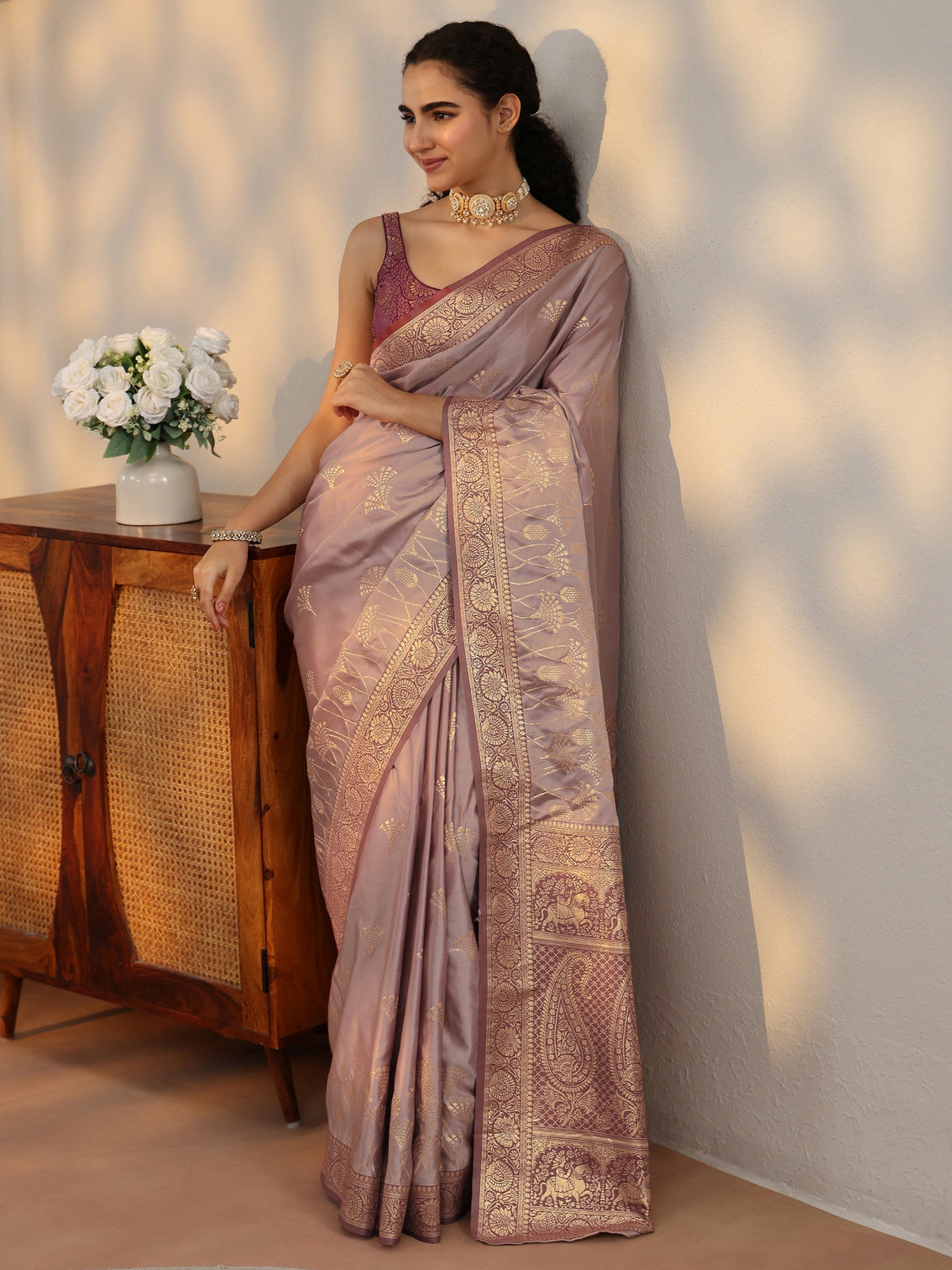 Mameraa Mauve Banarasi Satin Saree