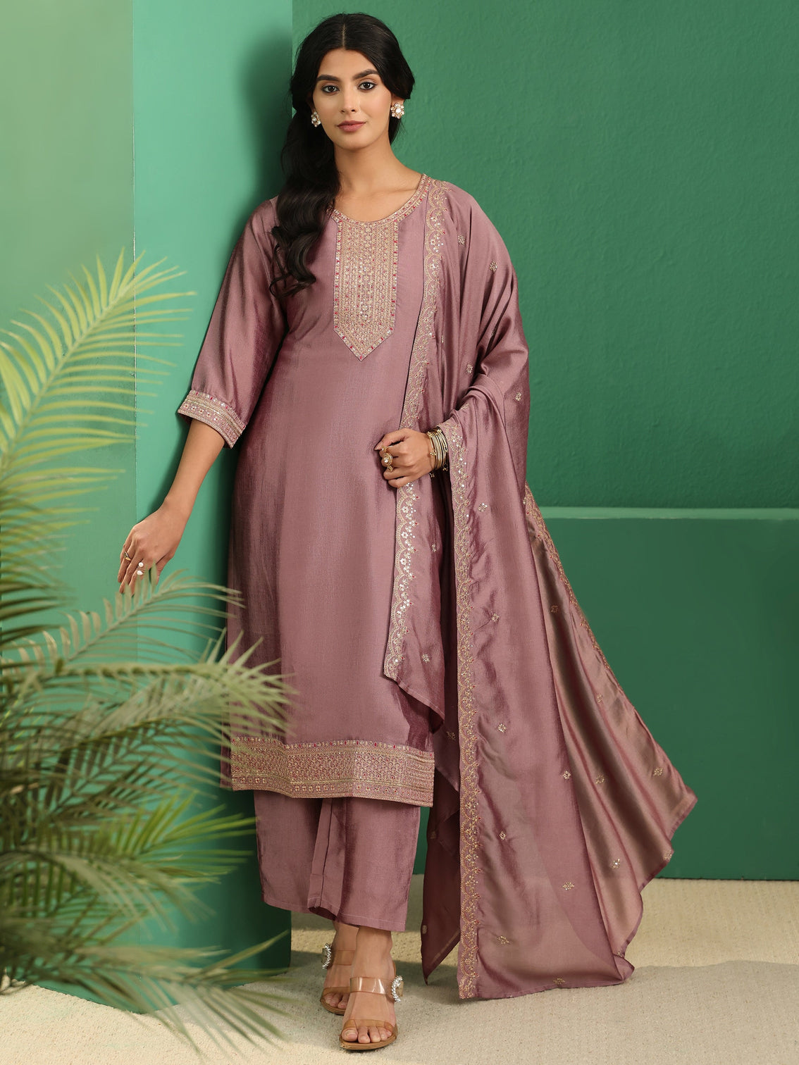 Mameraa Mauve Embellished Chanderi Silk Straight Suit Set