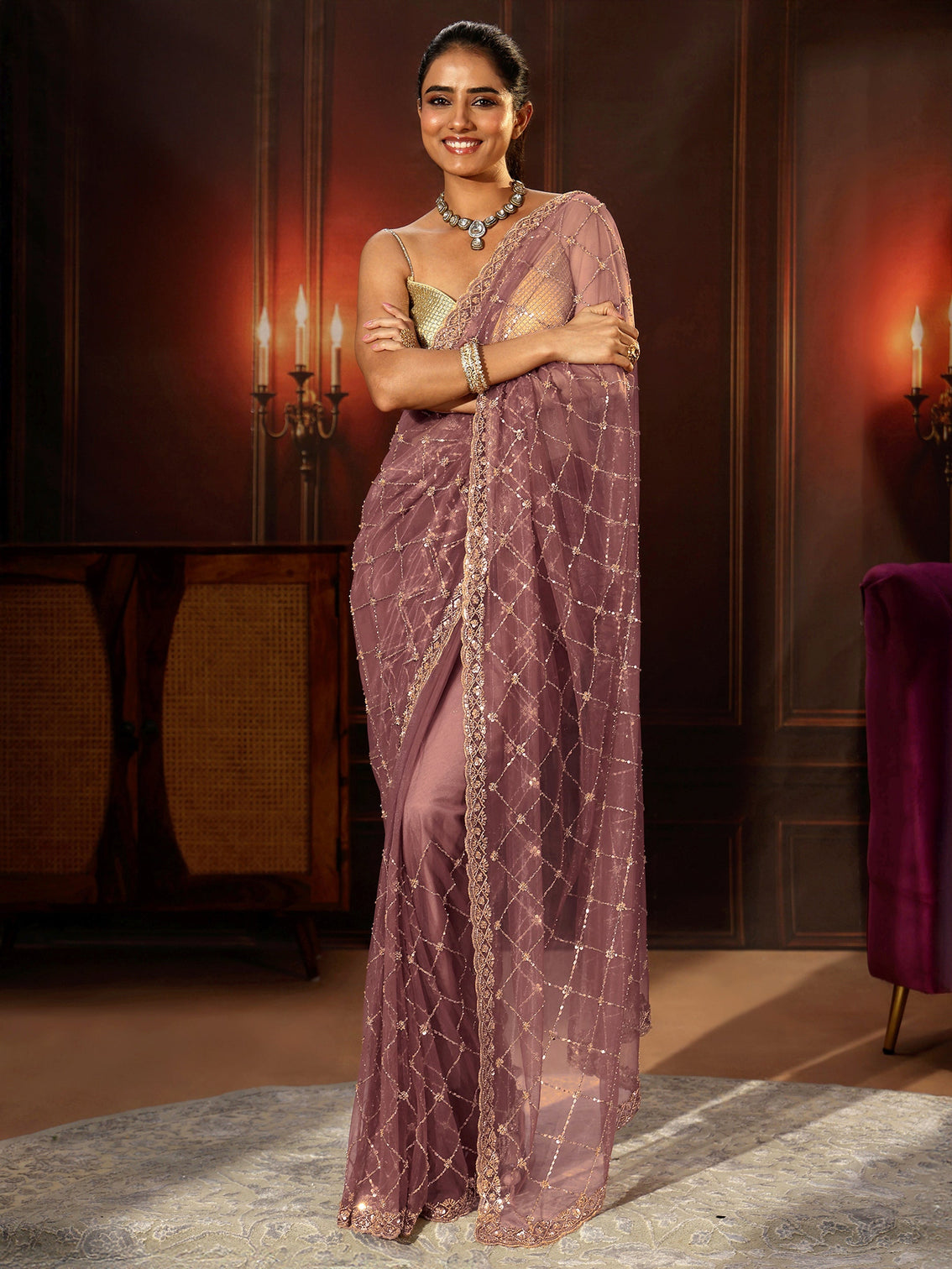 Mameraa Mauve Embellished Jaal Work Net Saree