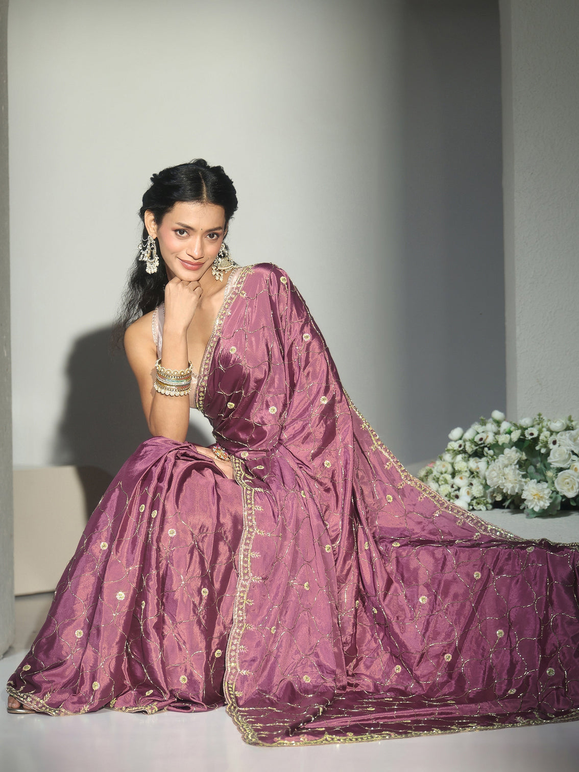 Mameraa Mauve Embellished Silk Blend Saree