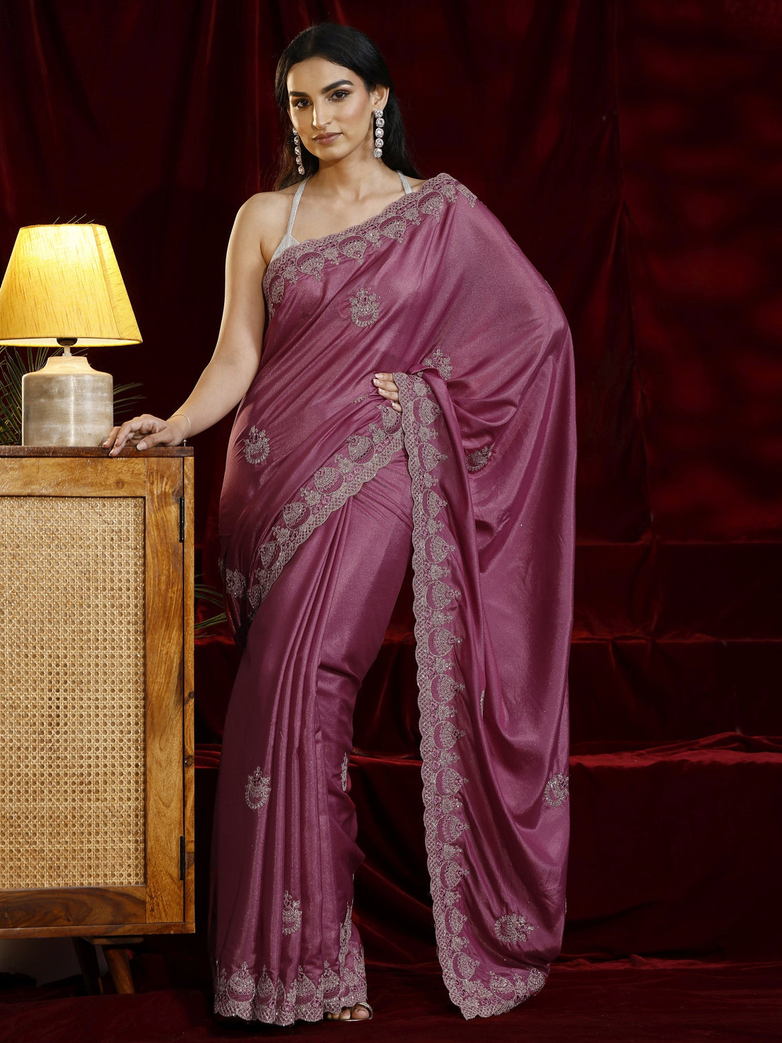 Mameraa Mauve Ethnic Motif Embroidered Satin Saree