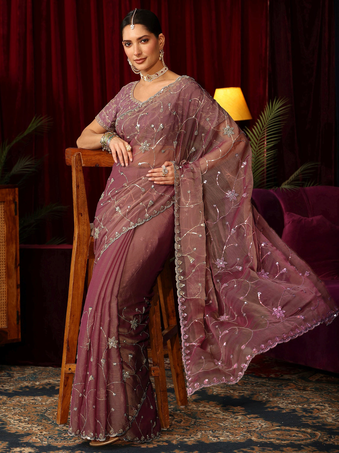 Mameraa Mauve Floral Embellished Chiffon Saree