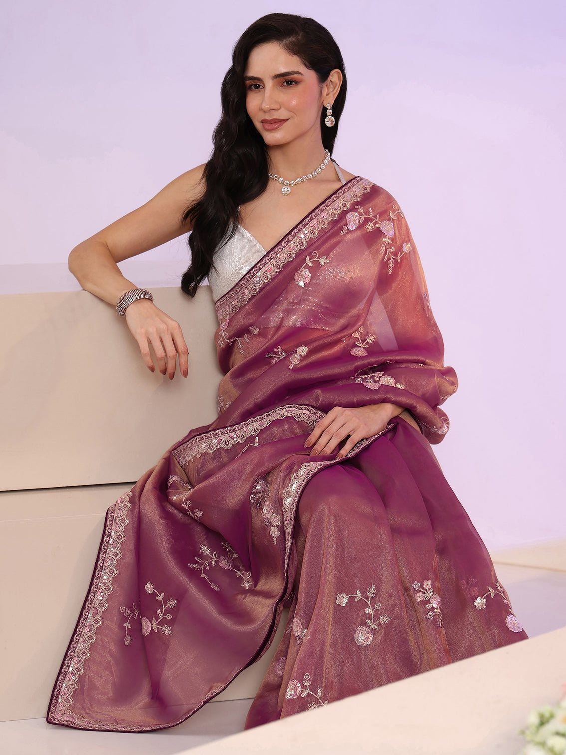 Mameraa Mauve Floral Embellished Tissue Saree