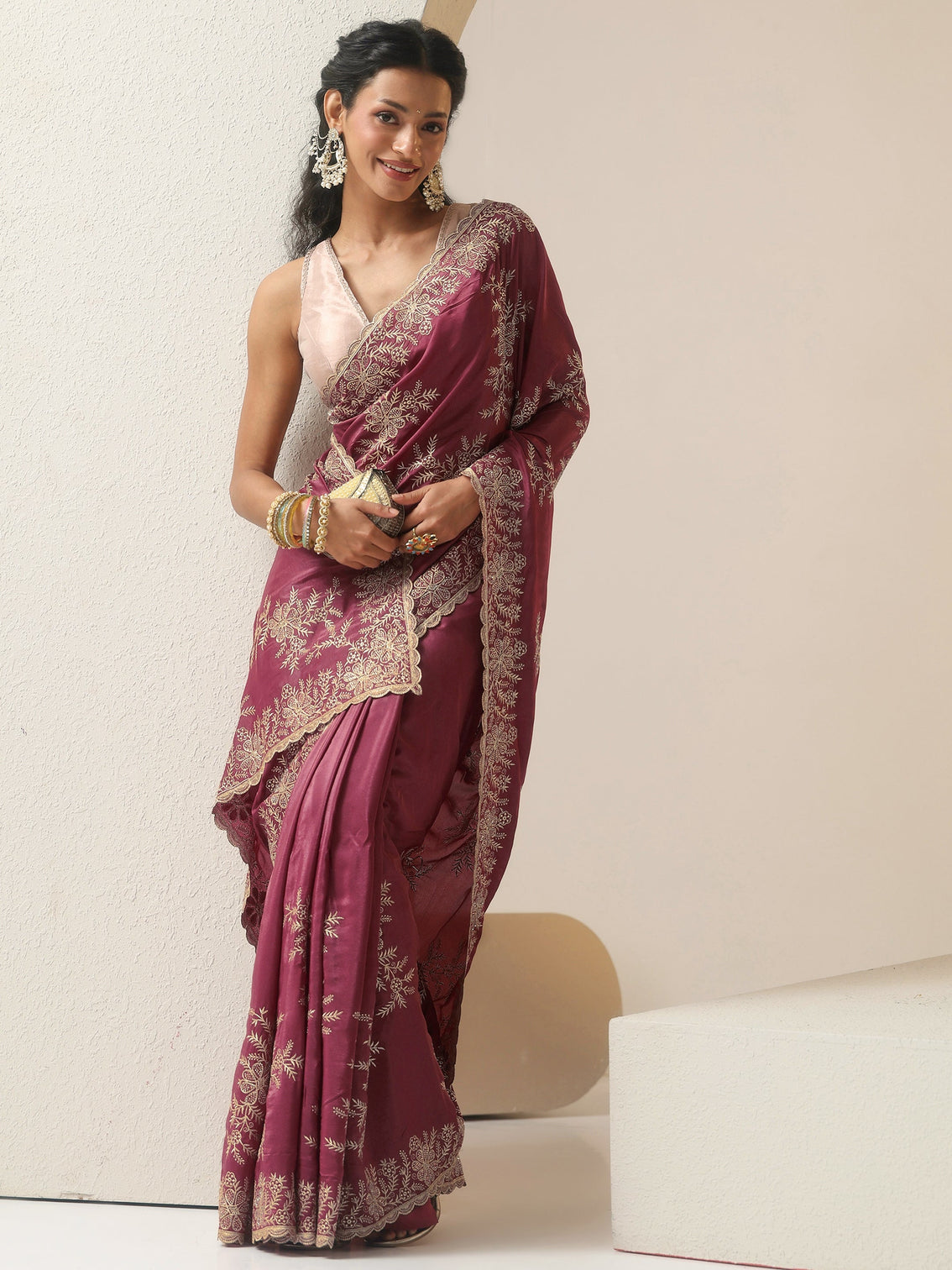 Mameraa Mauve Floral Embroidered Satin Saree