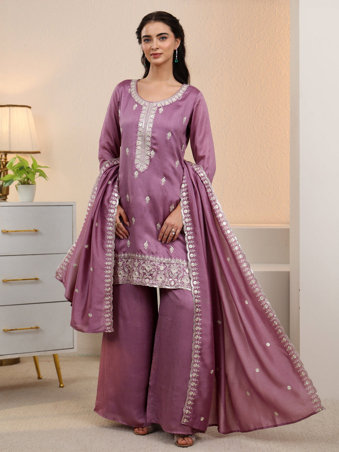 Mameraa Mauve Floral Embroidered Silk Blend Palazzo Suit Set