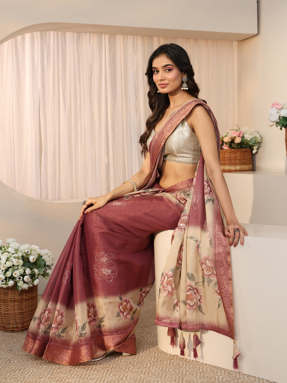 Mameraa Mauve Floral Printed Silk Blend Ombre Saree with Woven Border