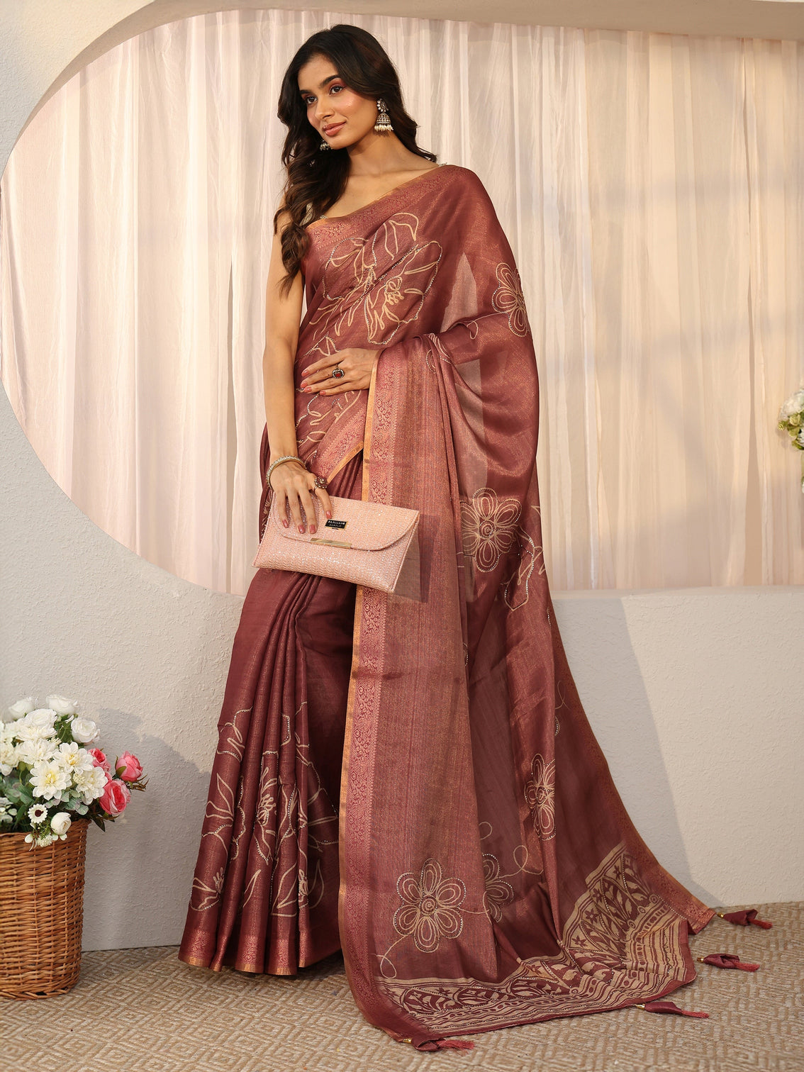 Mameraa Mauve Floral Printed Silk Blend Saree with Woven Border
