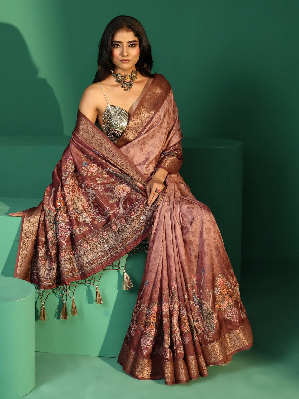 Mameraa Mauve Floral Printed Silk Blend Saree with Woven Design Border