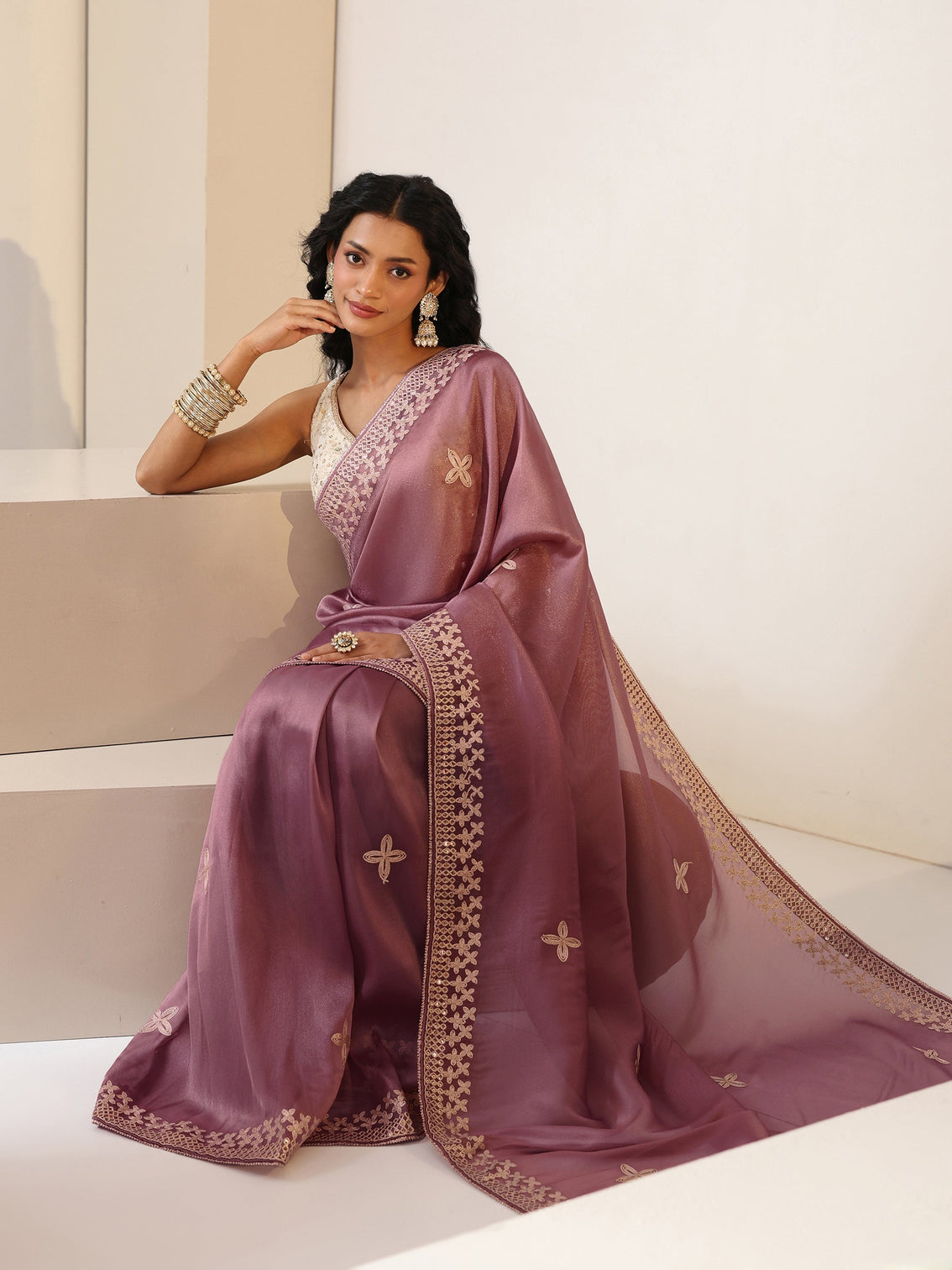 Mameraa Mauve Mirror Work Embellished Tissue Saree