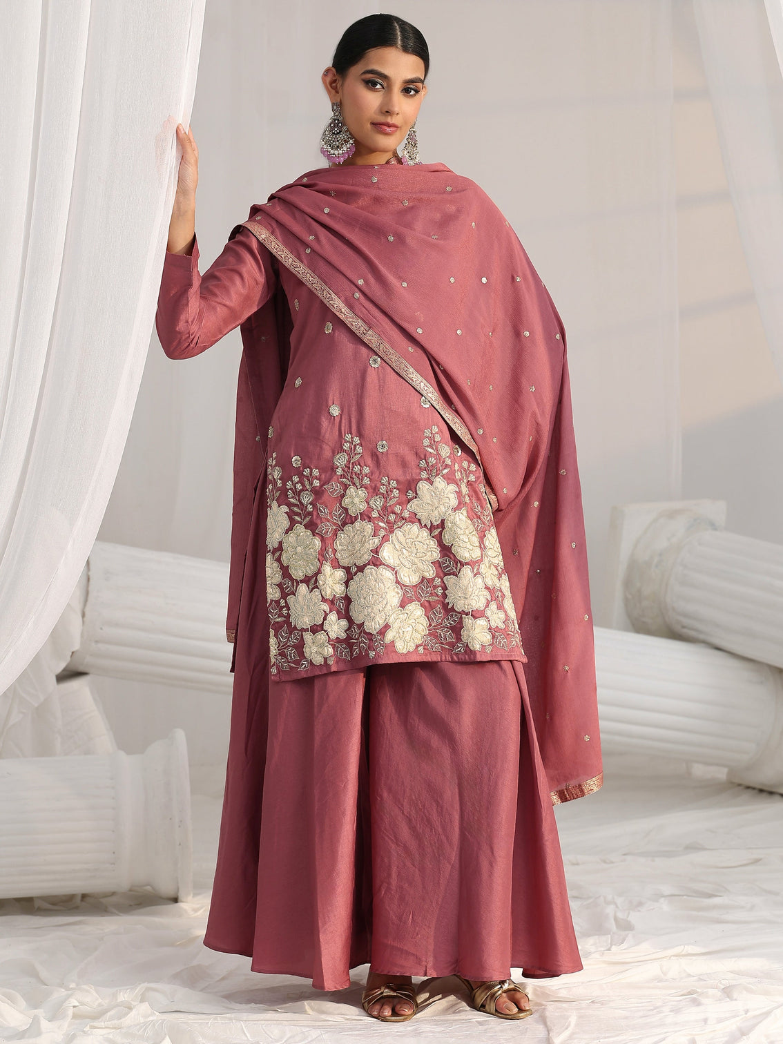 Mameraa Mauve Pink Floral Embellished Silk Blend Palazzo Suit Set