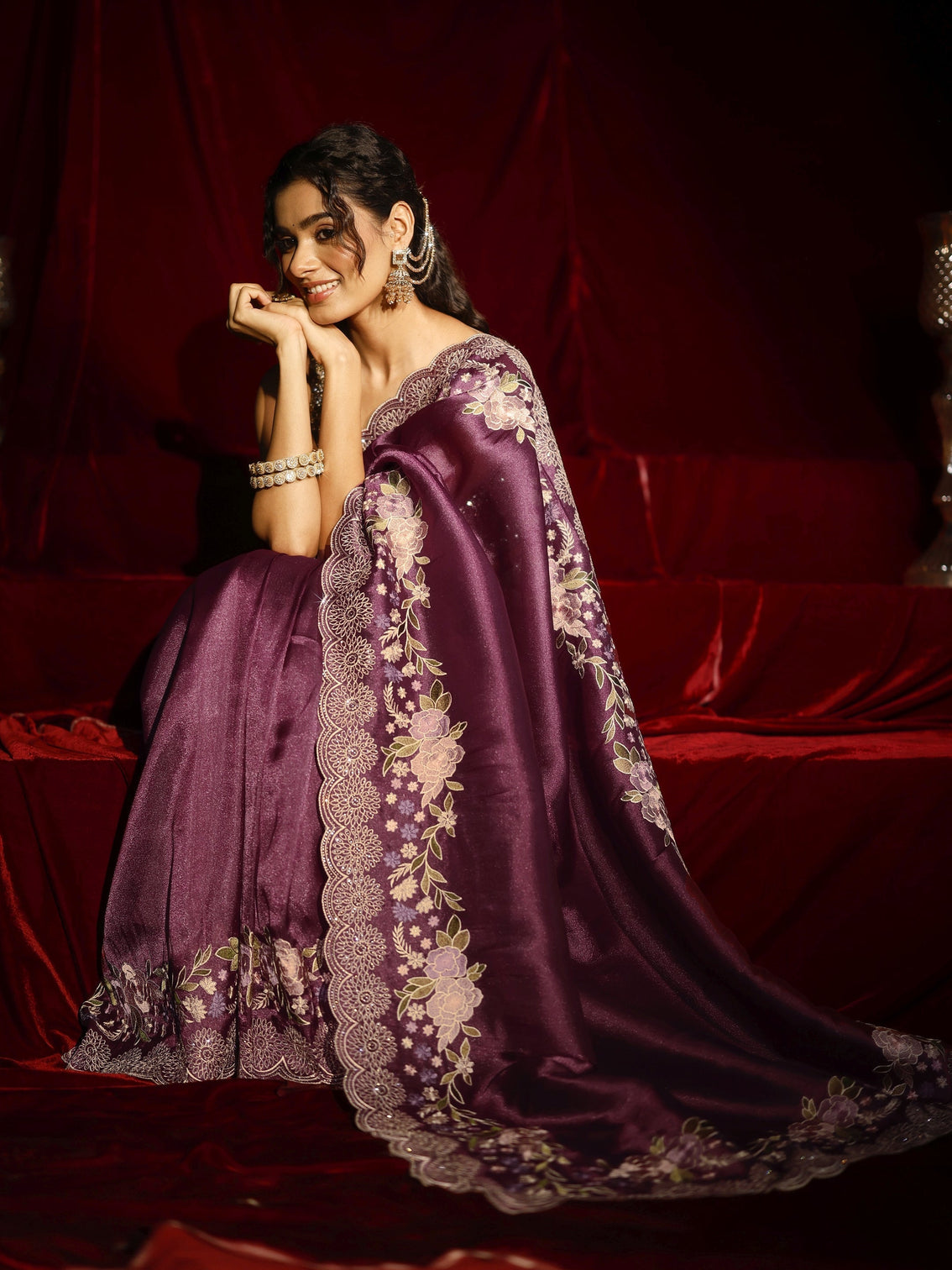 Mameraa Mauve Solid Silk Blend Saree