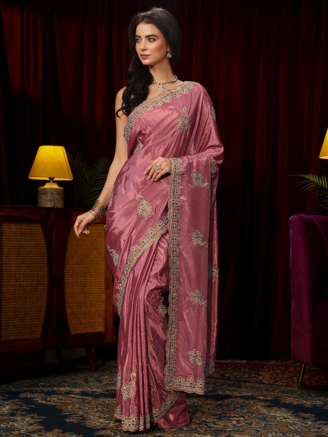 Mameraa Mauve Stone Work Embellished Silk Blend Saree