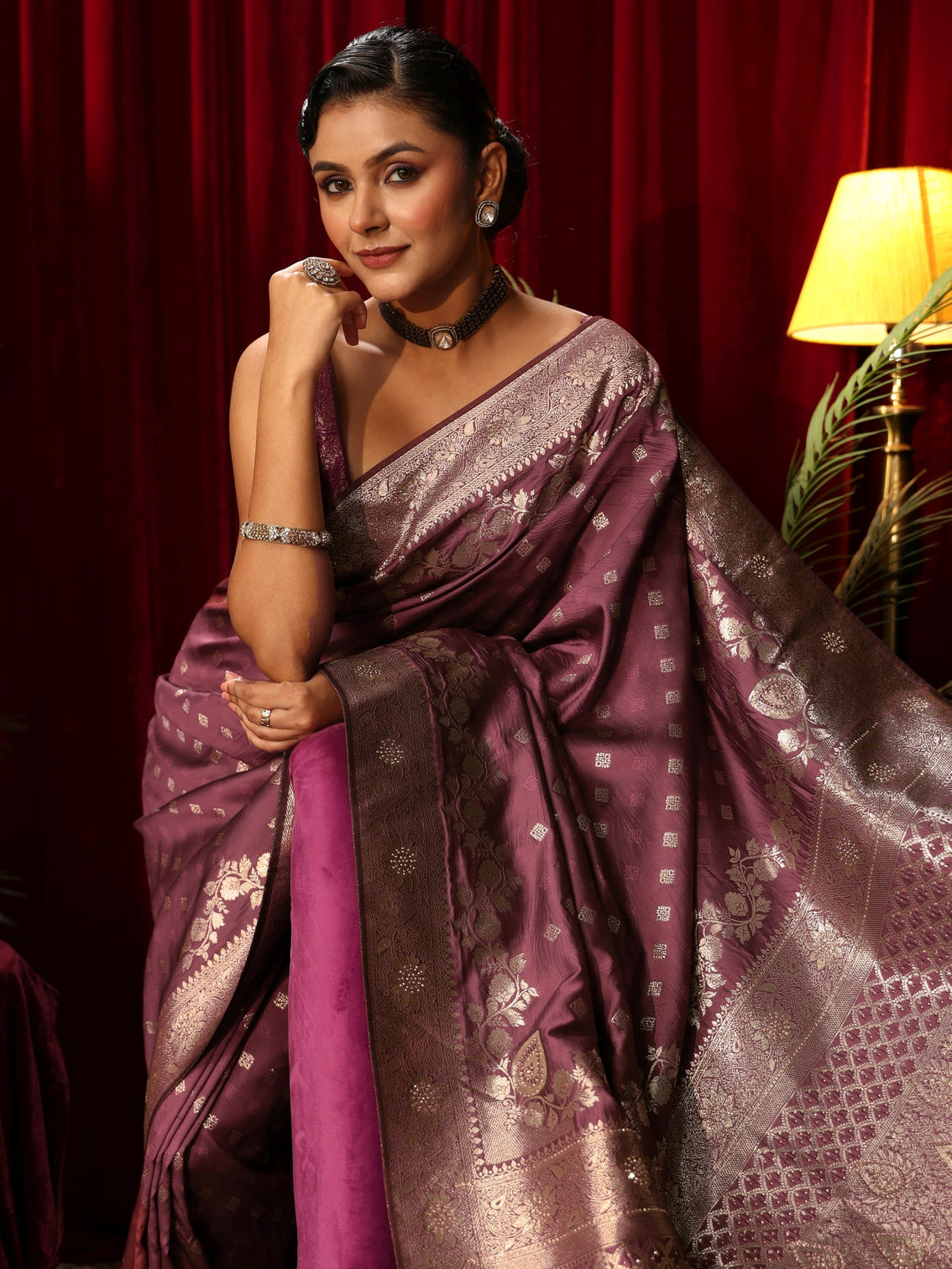 Mameraa Mauve Woven Design Embellished Brocade Saree
