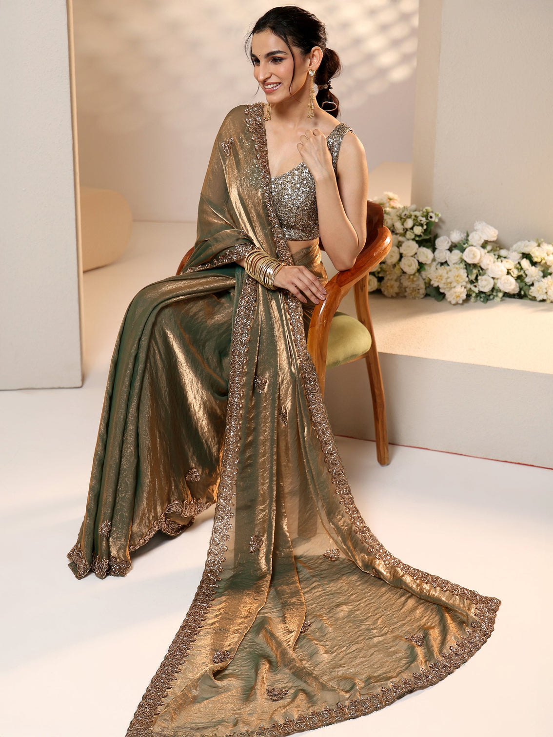 Mameraa Metallic Olive Green Embellished Tissue Saree