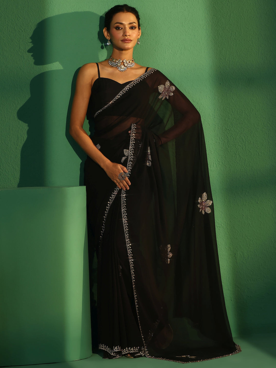 Mameraa Midnight Black Embellished Georgette Saree