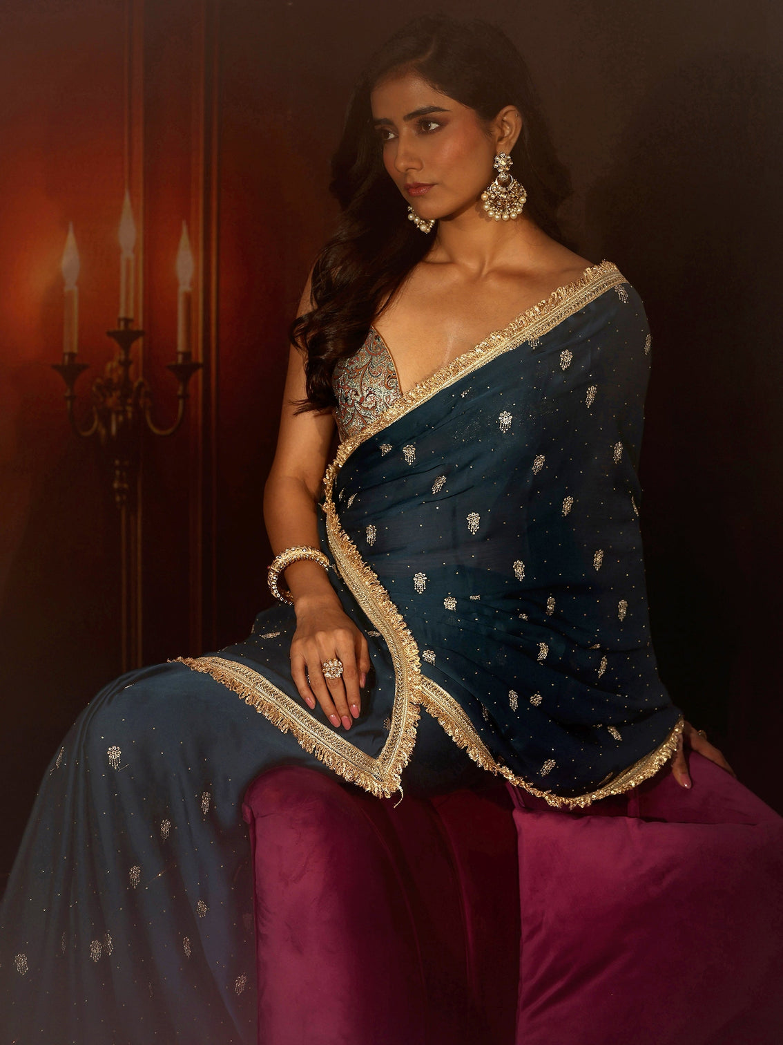 Mameraa Midnight Blue Embellished Chinon Saree with Gota Border