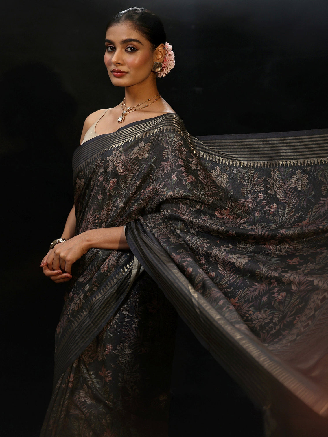 Mameraa Midnight Blue Floral Woven Design Silk Blend Saree