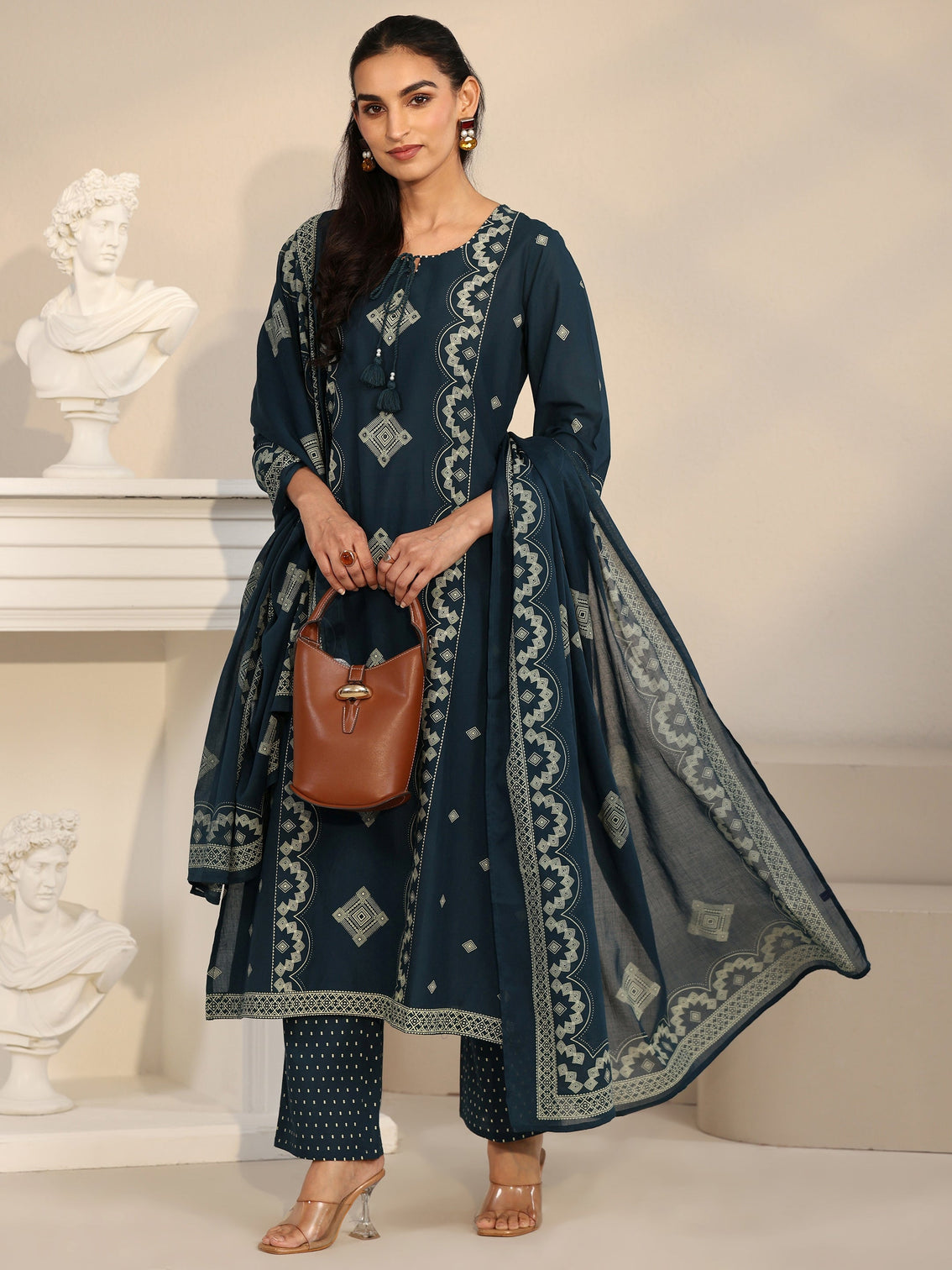 Mameraa Midnight Blue Printed Cotton A-line Suit Set