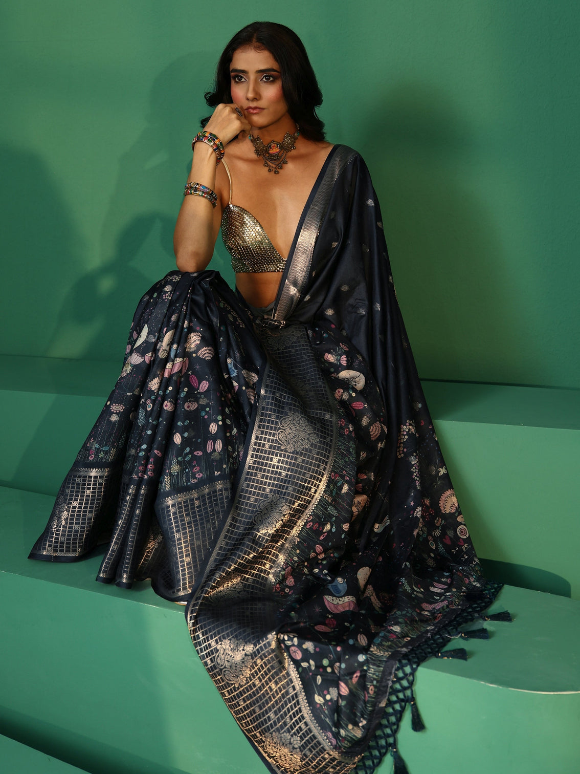 Mameraa Midnight Blue Printed Silk Blend with Woven Design Border