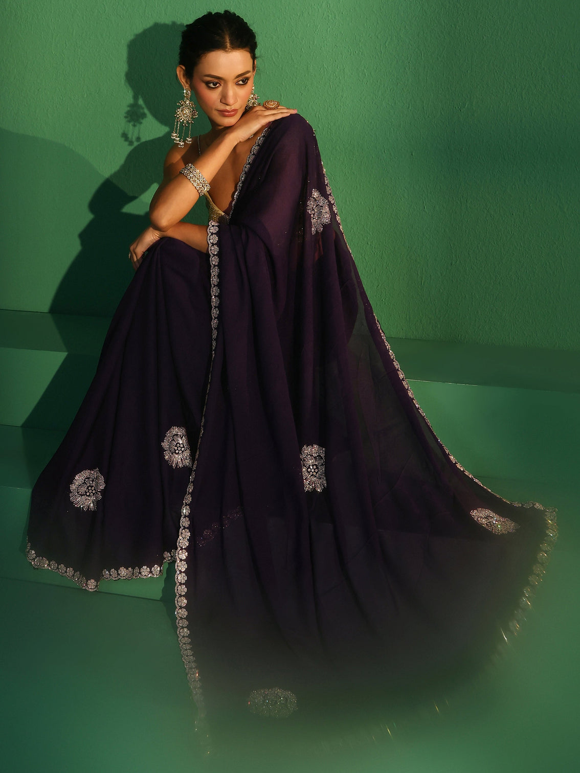 Mameraa Midnight Purple Embellished Silk Blend Saree