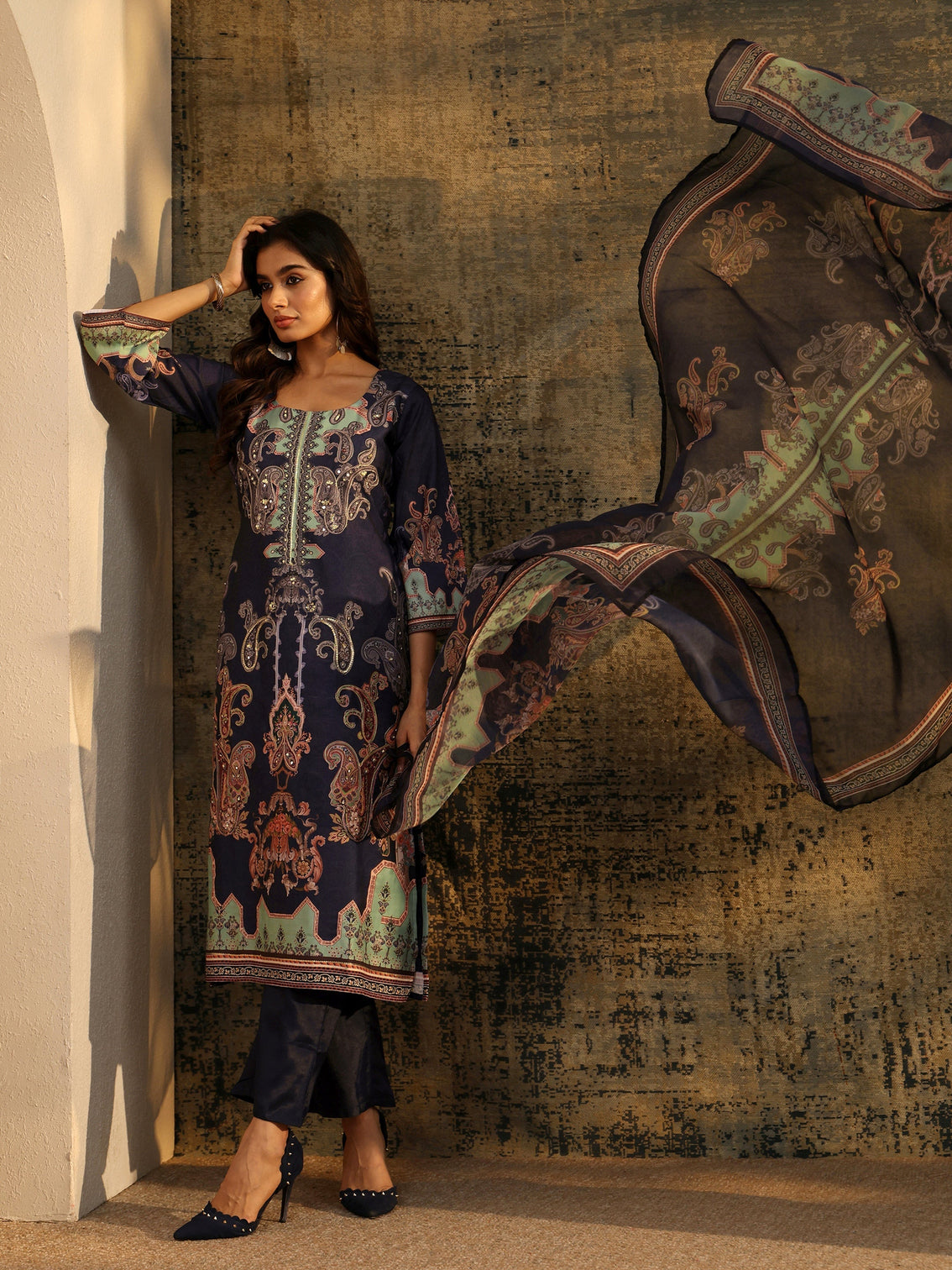 Mameraa Midnight Purple Paisley Print  Silk Blend Straight Suit Set