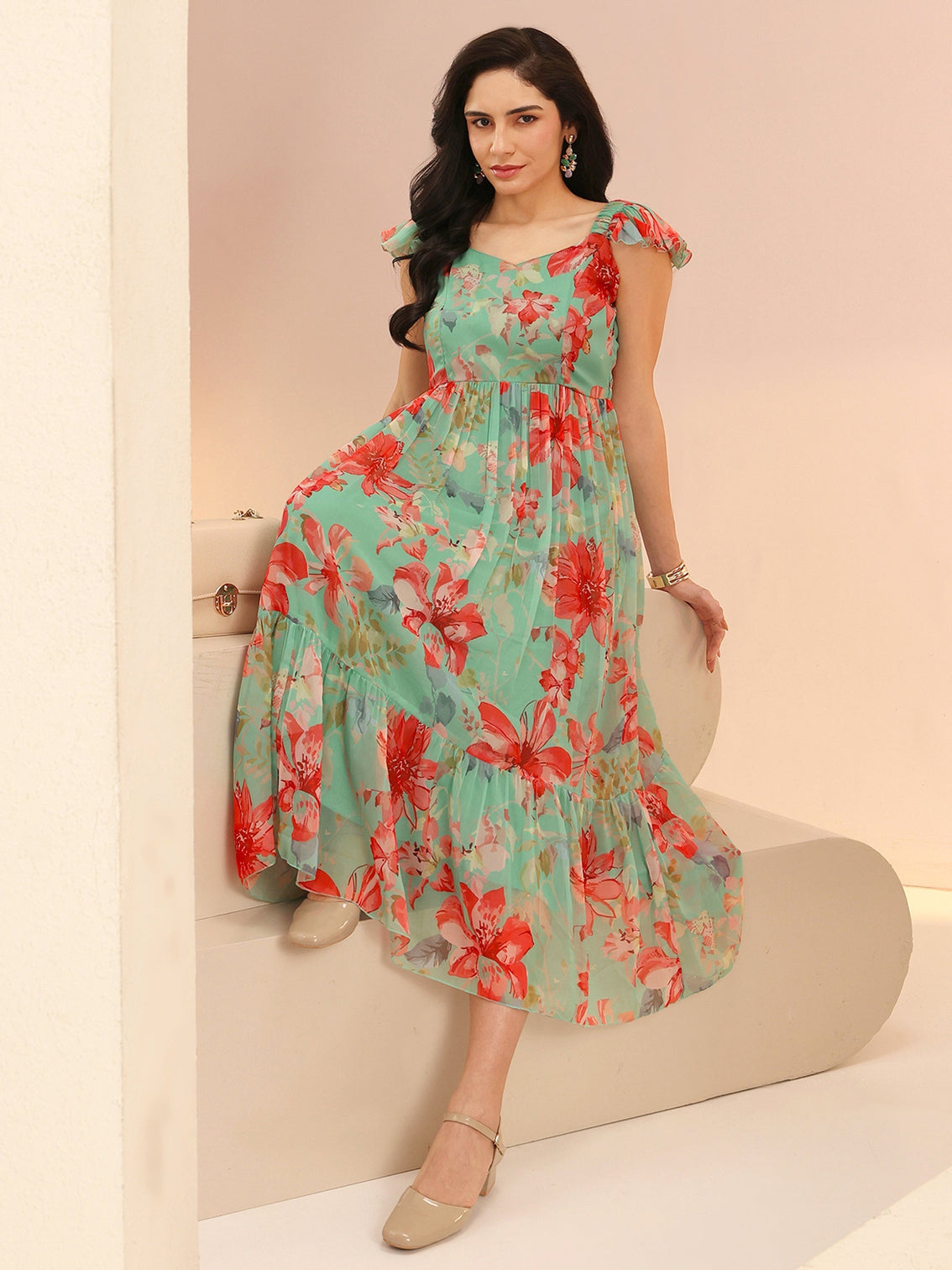 Mameraa Mint Green Floral Printed Chiffon A-Line Dress