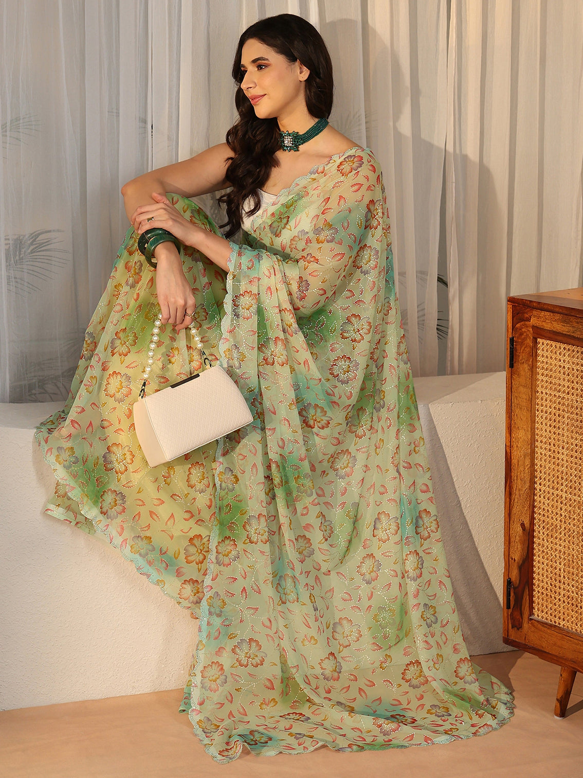 Mameraa Mint Green Floral Printed Georgette Saree