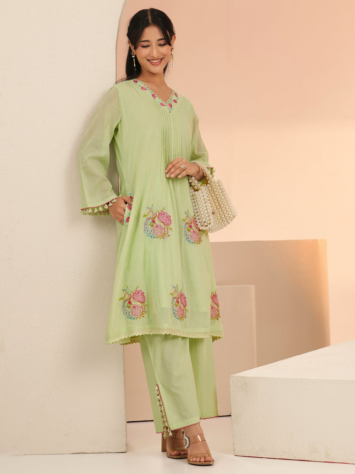 Mameraa Mint Green Peacock Motif Cotton A-Line Kurta Set