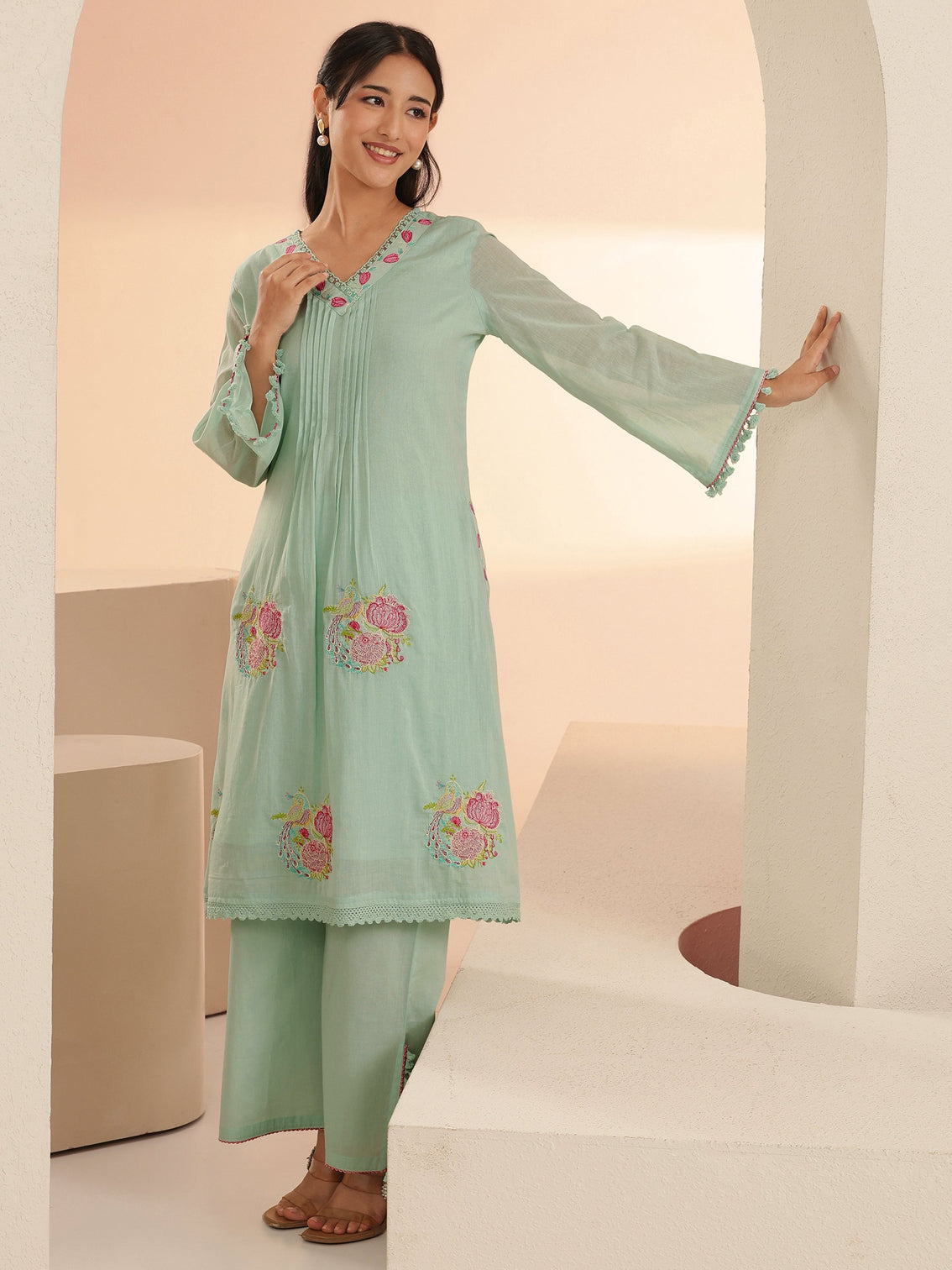 Mameraa Mint Green Peacock Motif Cotton A-Line Kurta Set