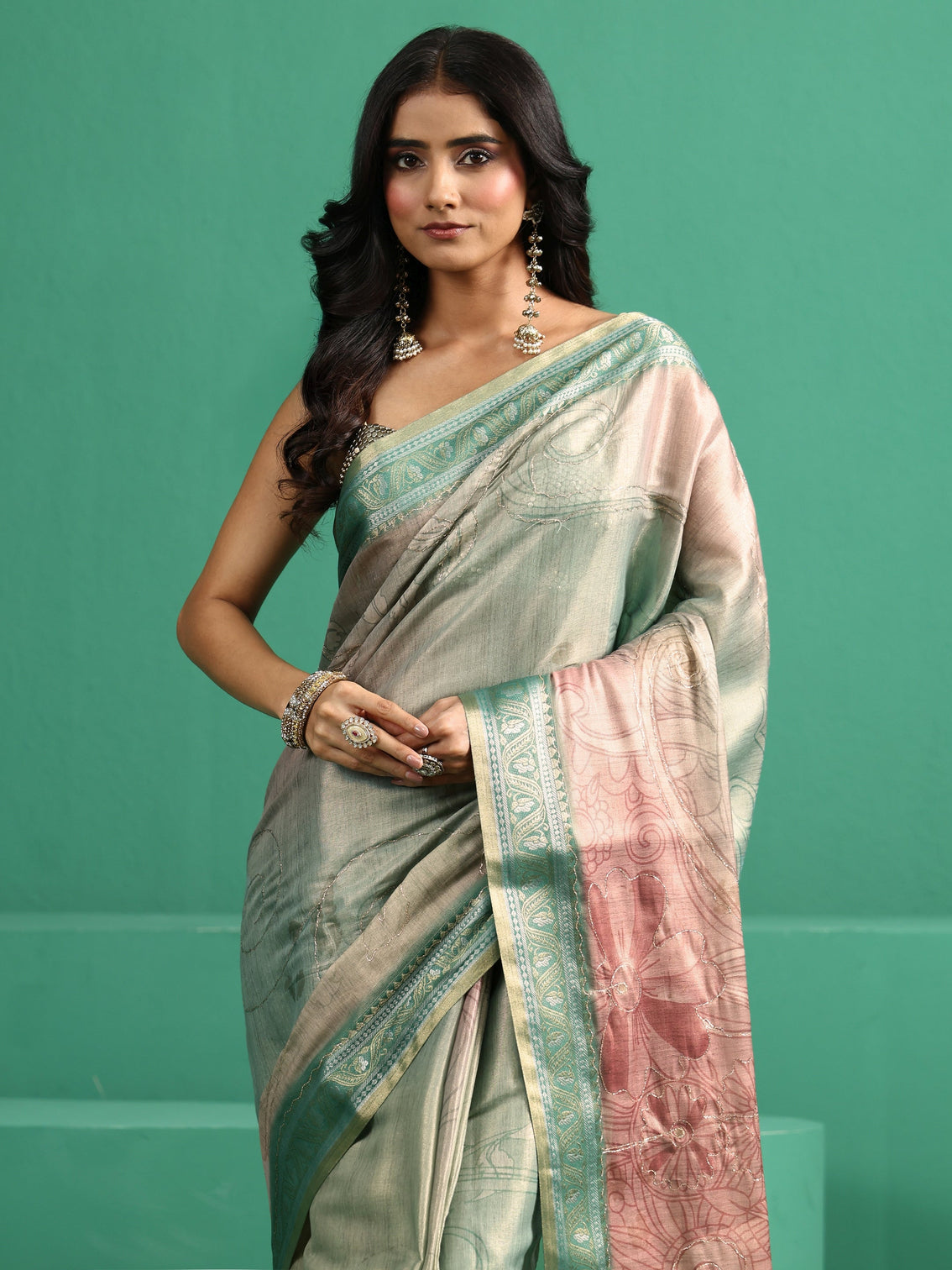 Mameraa Mist Green Floral Printed Silk Blend Saree