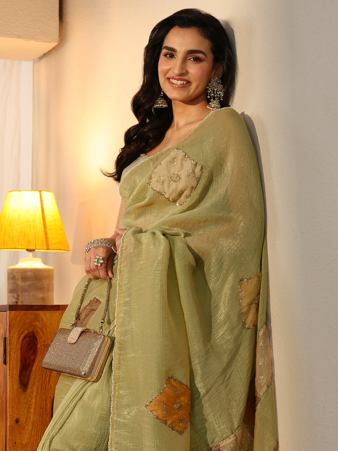 Mameraa Moss Green Applique Design Tissue Saree