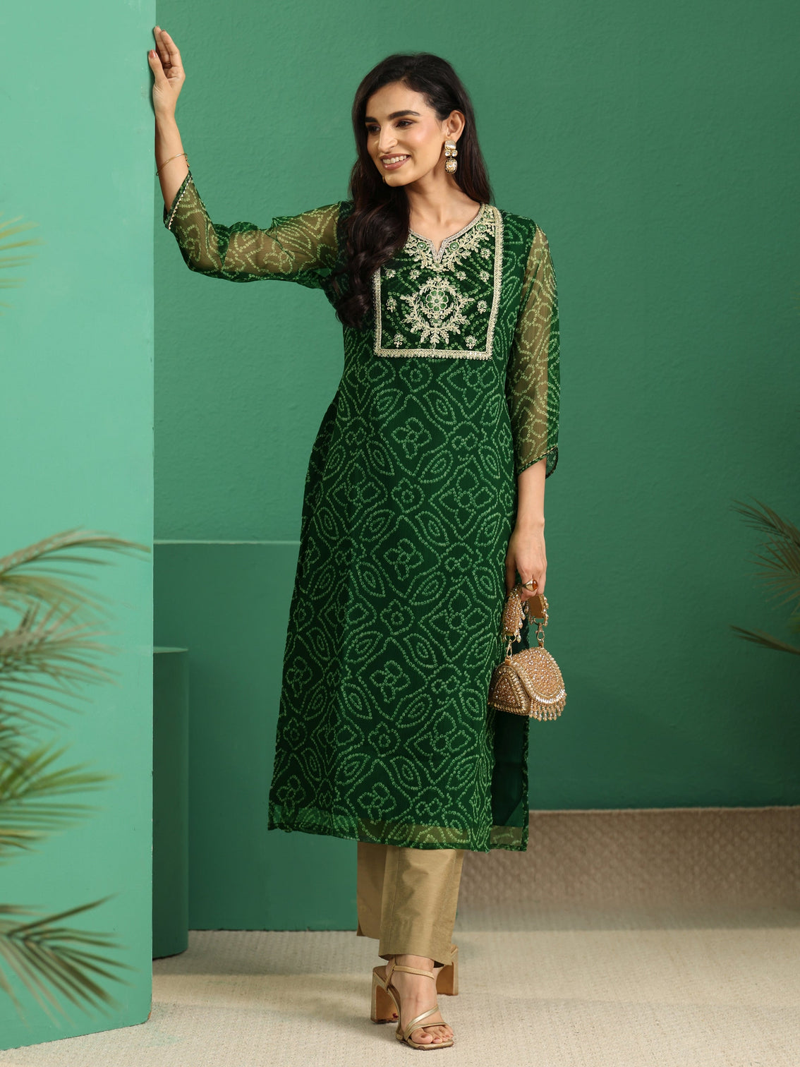 Mameraa Moss Green Bandhani Printed Chiffon Straight Kurta