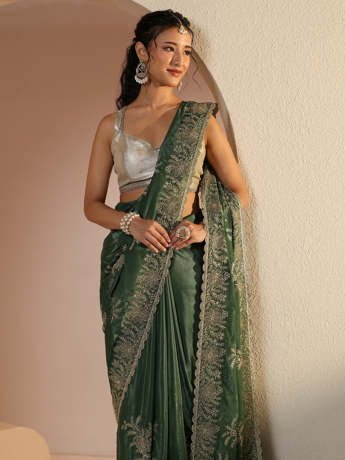 Mameraa Moss Green Floral Embroidered Satin Saree