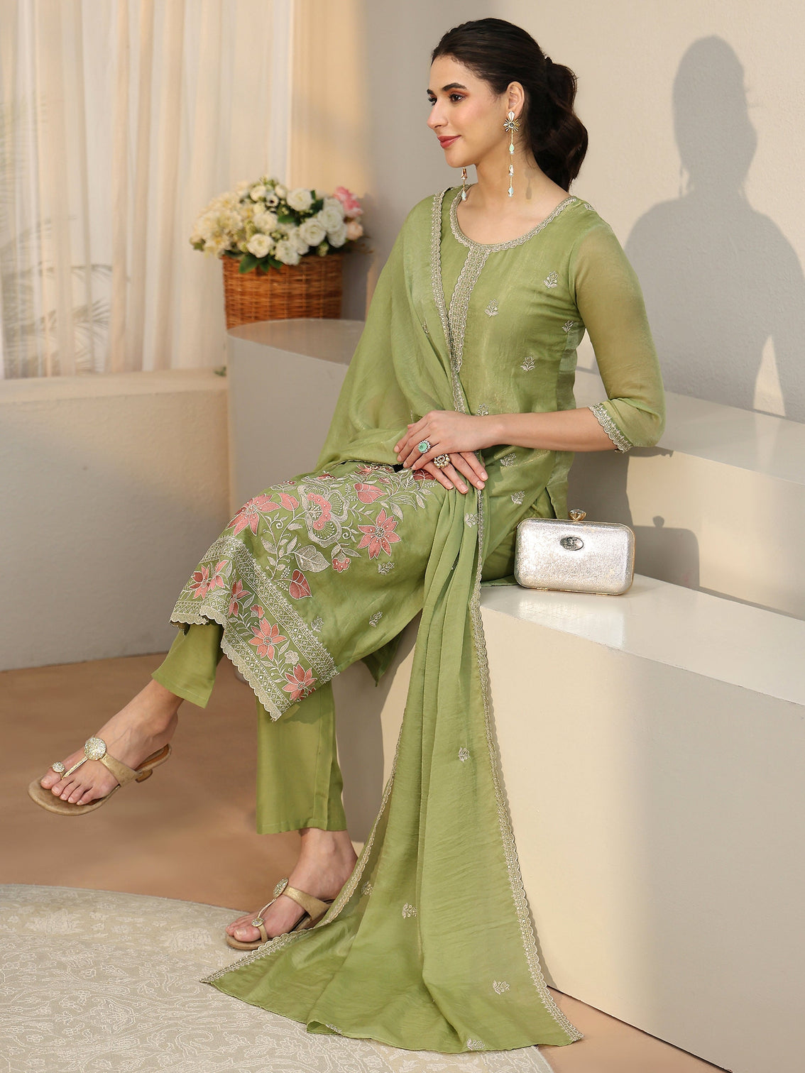 Mameraa Moss Green Floral Embroidered Tissue Straight Suit Set