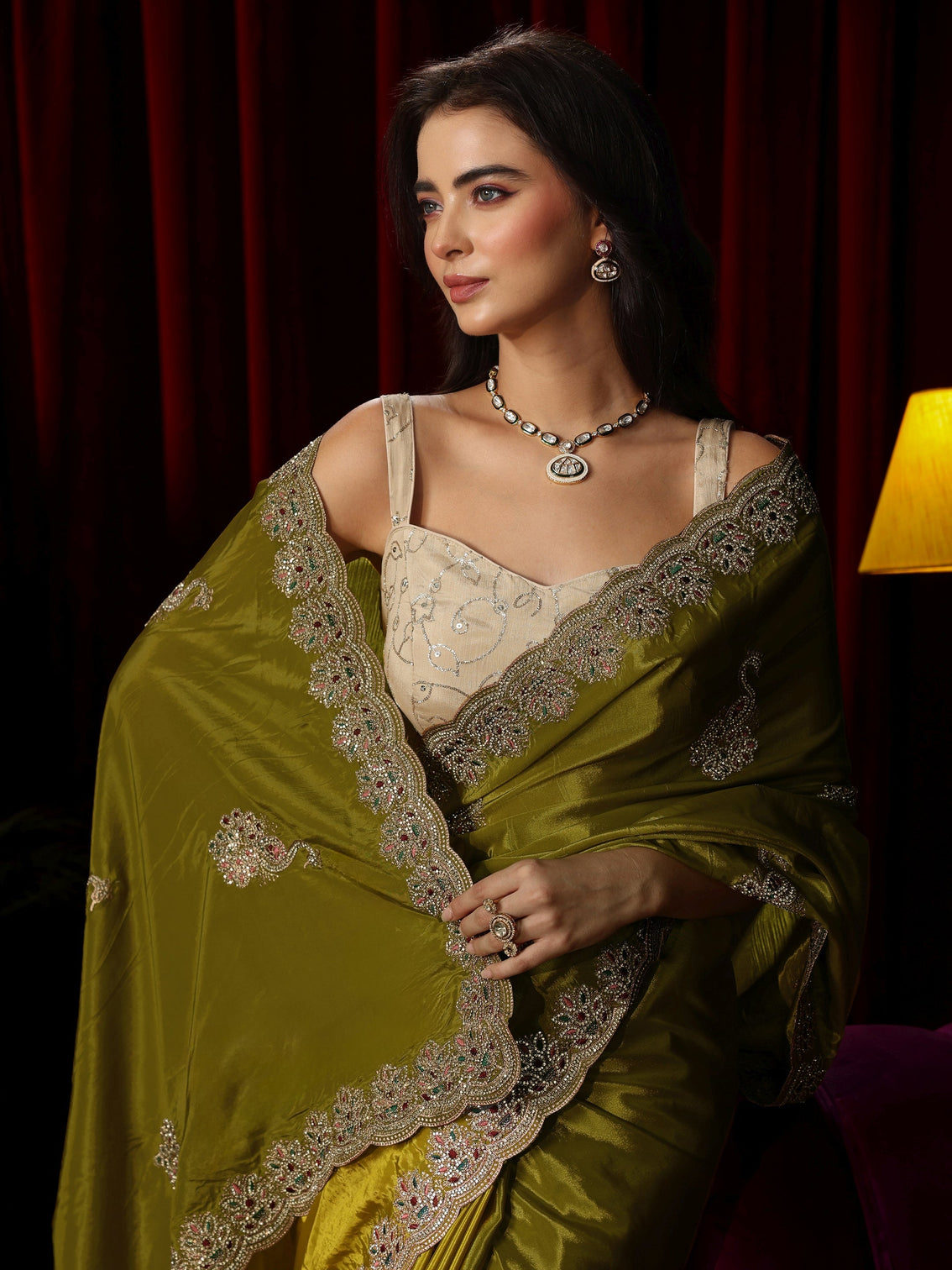 Mameraa Moss Green Stone Work Embellished Silk Blend Saree