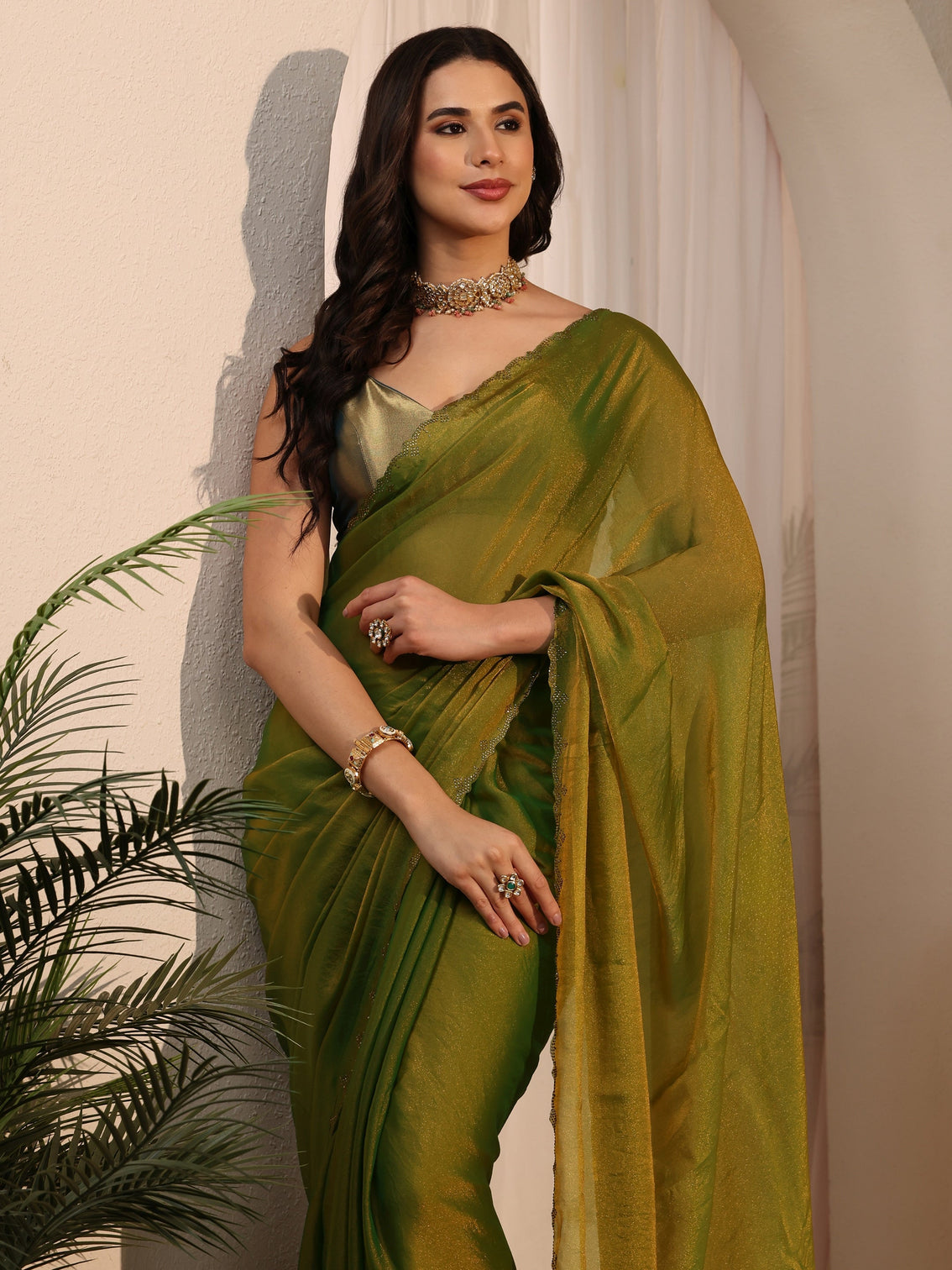 Mameraa Moss Green Tissue Saree with Embellished Border
